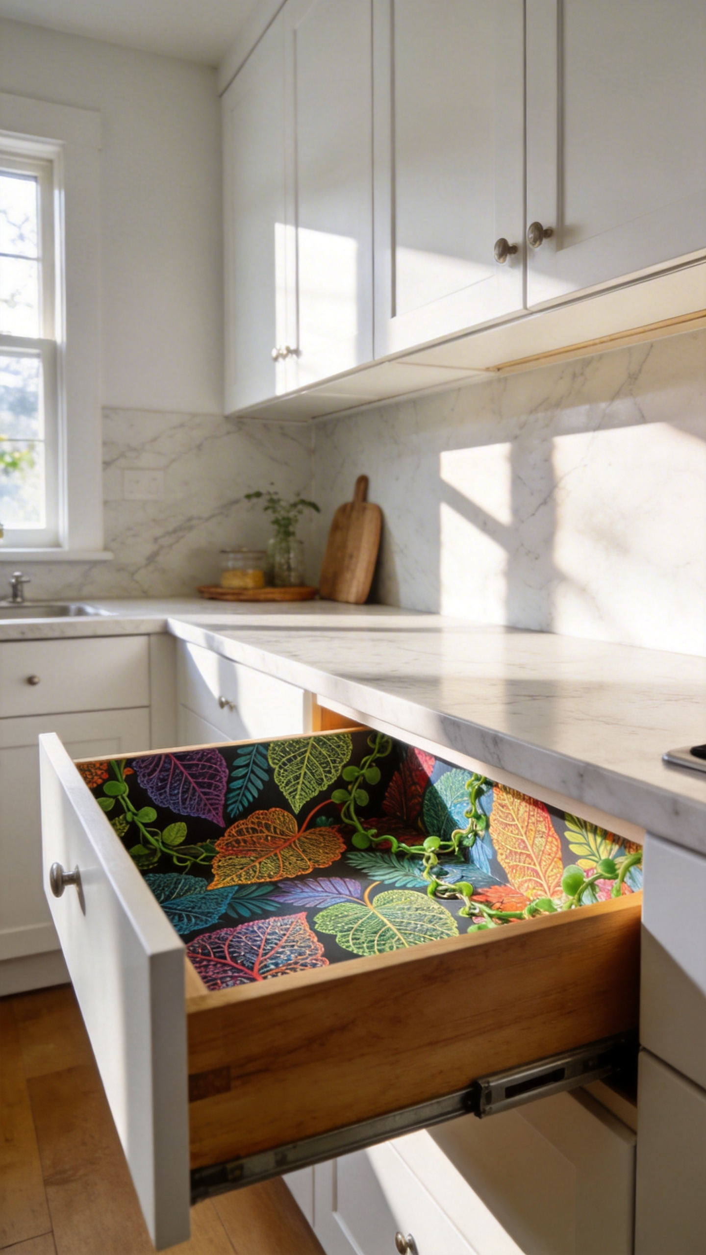A modern kitchen with an open drawer featuring a vibrant green botanical wallpaper liner on a budget.