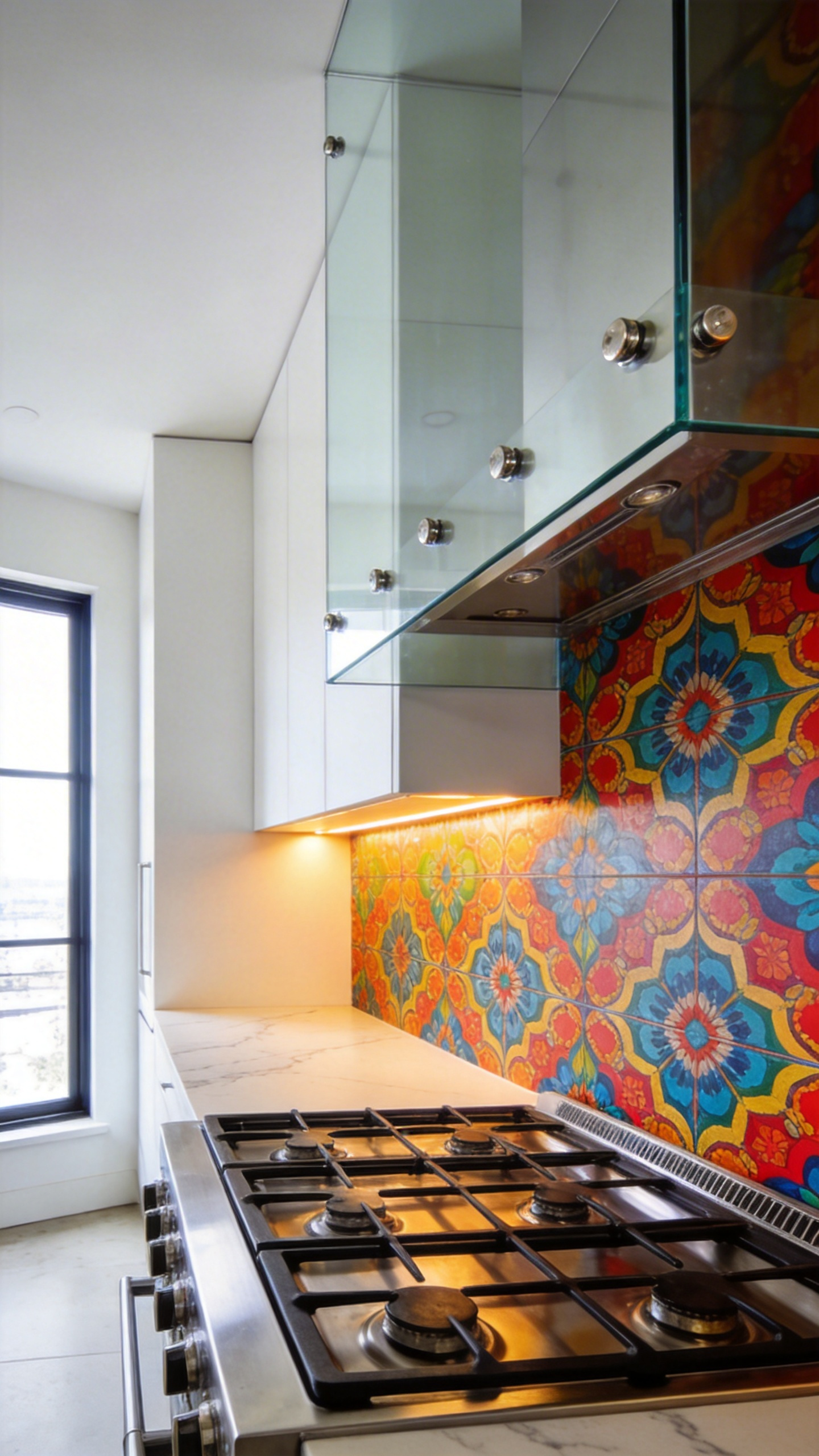 A bright modern kitchen featuring a patterned wallpaper backsplash protected by a clear tempered glass shield behind the stove area.