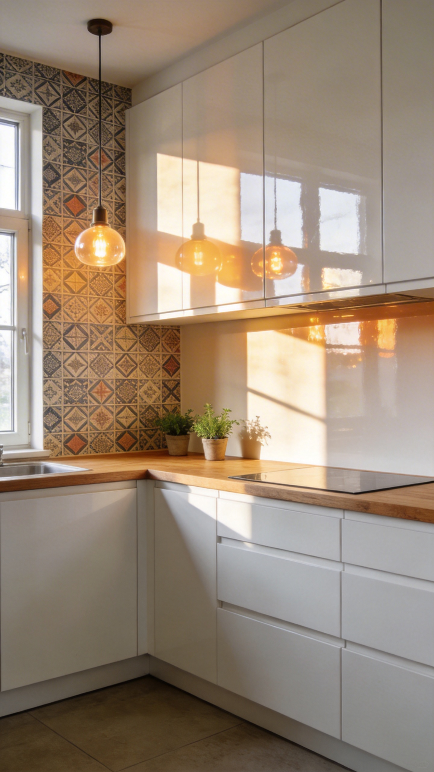 A modern kitchen scene showing how natural and artificial light sources reflect off different wallpaper finishes on a feature wall.