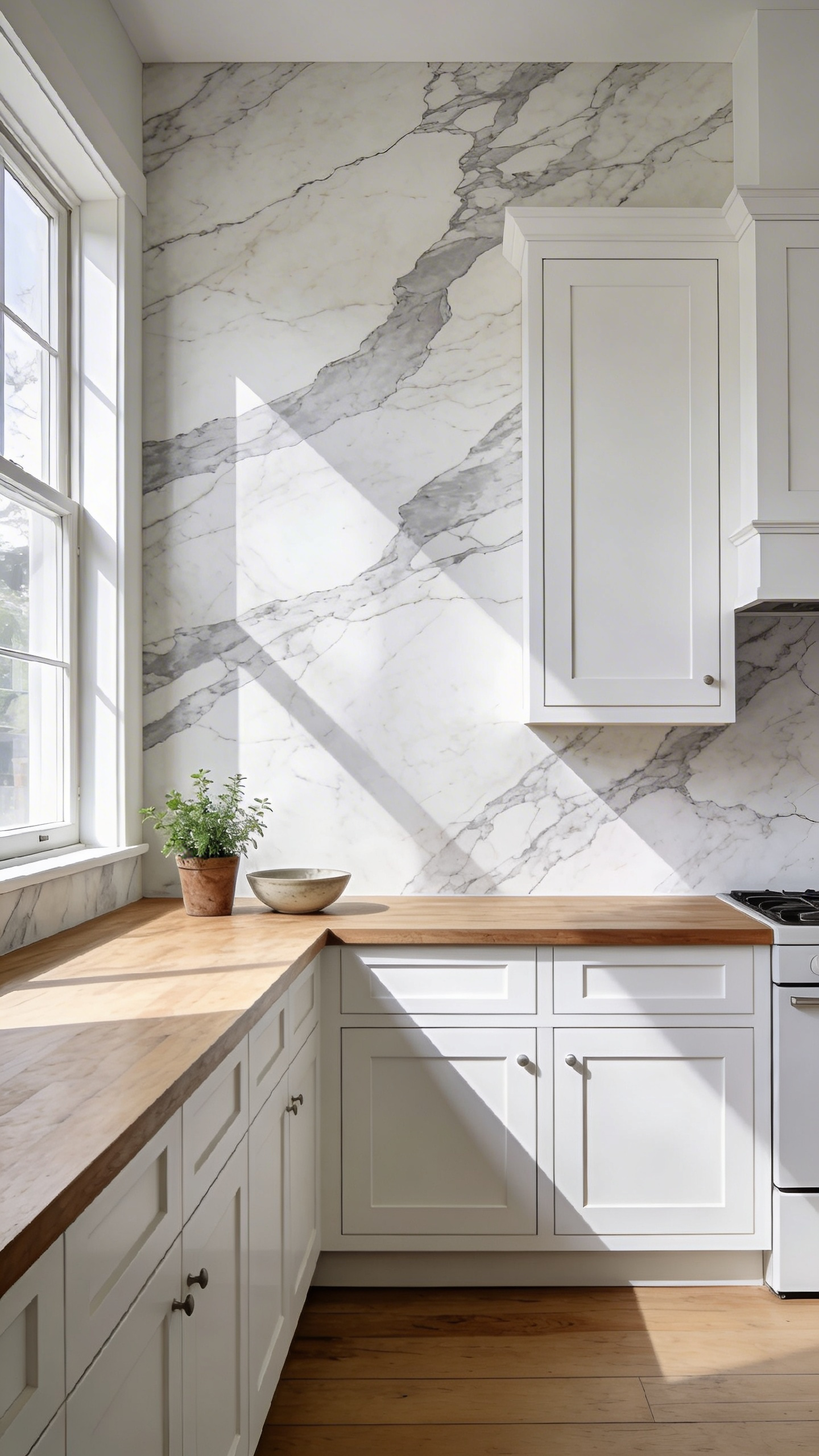 A modern kitchen featuring a realistic marble-effect wallpaper mural that mimics expensive stone on a budget.
