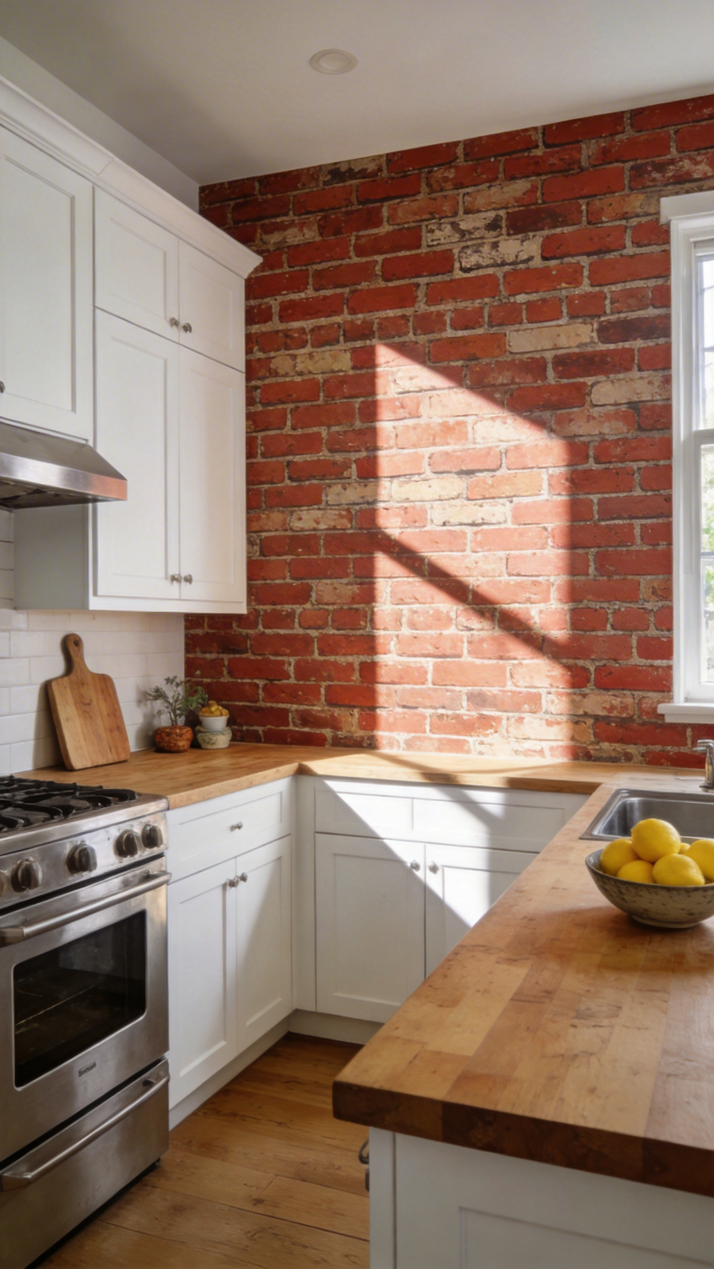 A bright kitchen featuring realistic faux-brick wallpaper that creates the illusion of a solid masonry wall for an upscale look on a budget.