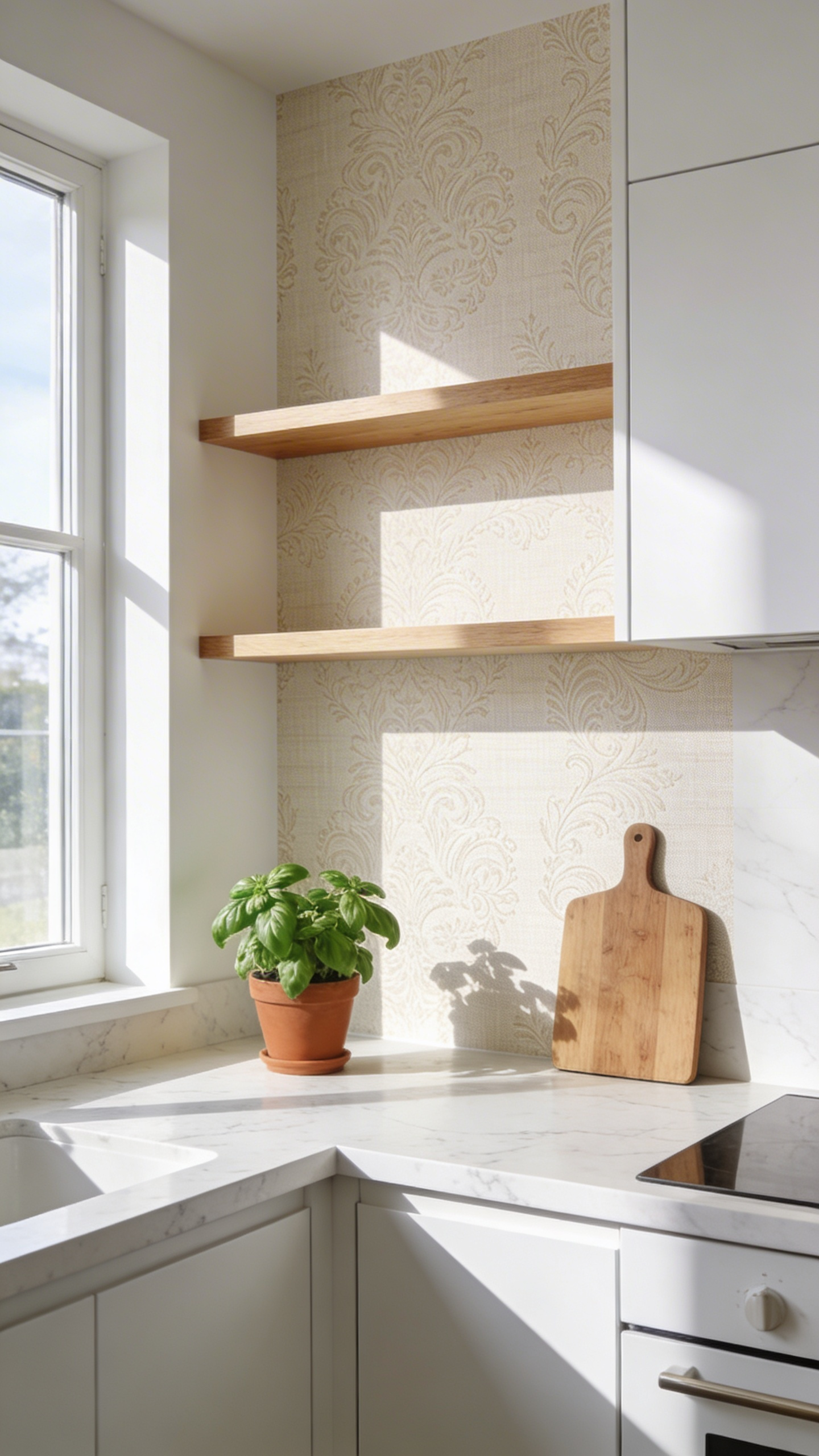 A bright modern kitchen interior featuring textured vinyl wallpaper on a focal wall behind white cabinets and marble countertops.