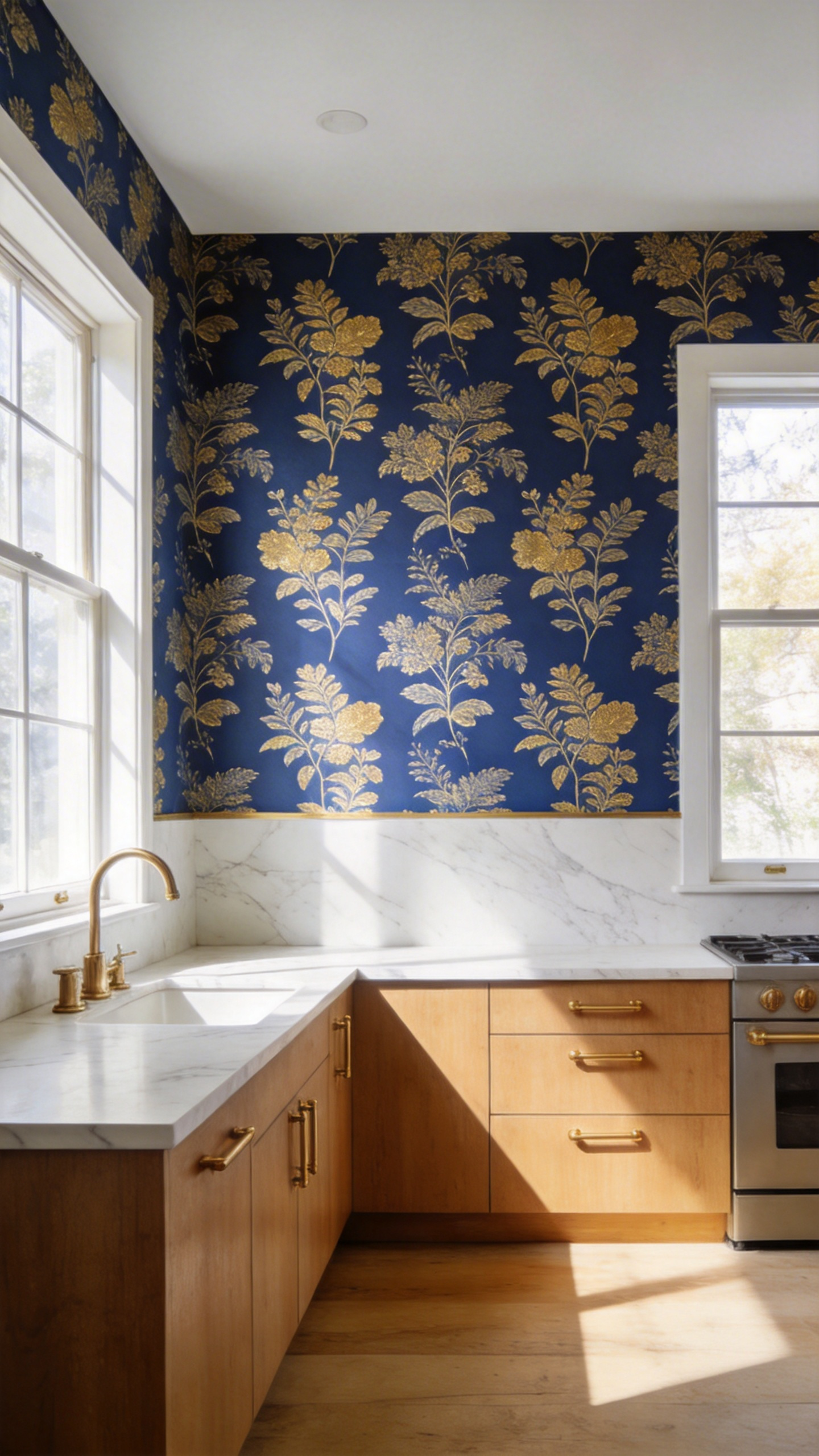 A brightly lit modern kitchen featuring a bold botanical peel-and-stick wallpaper accent wall behind white marble countertops and wooden cabinets.