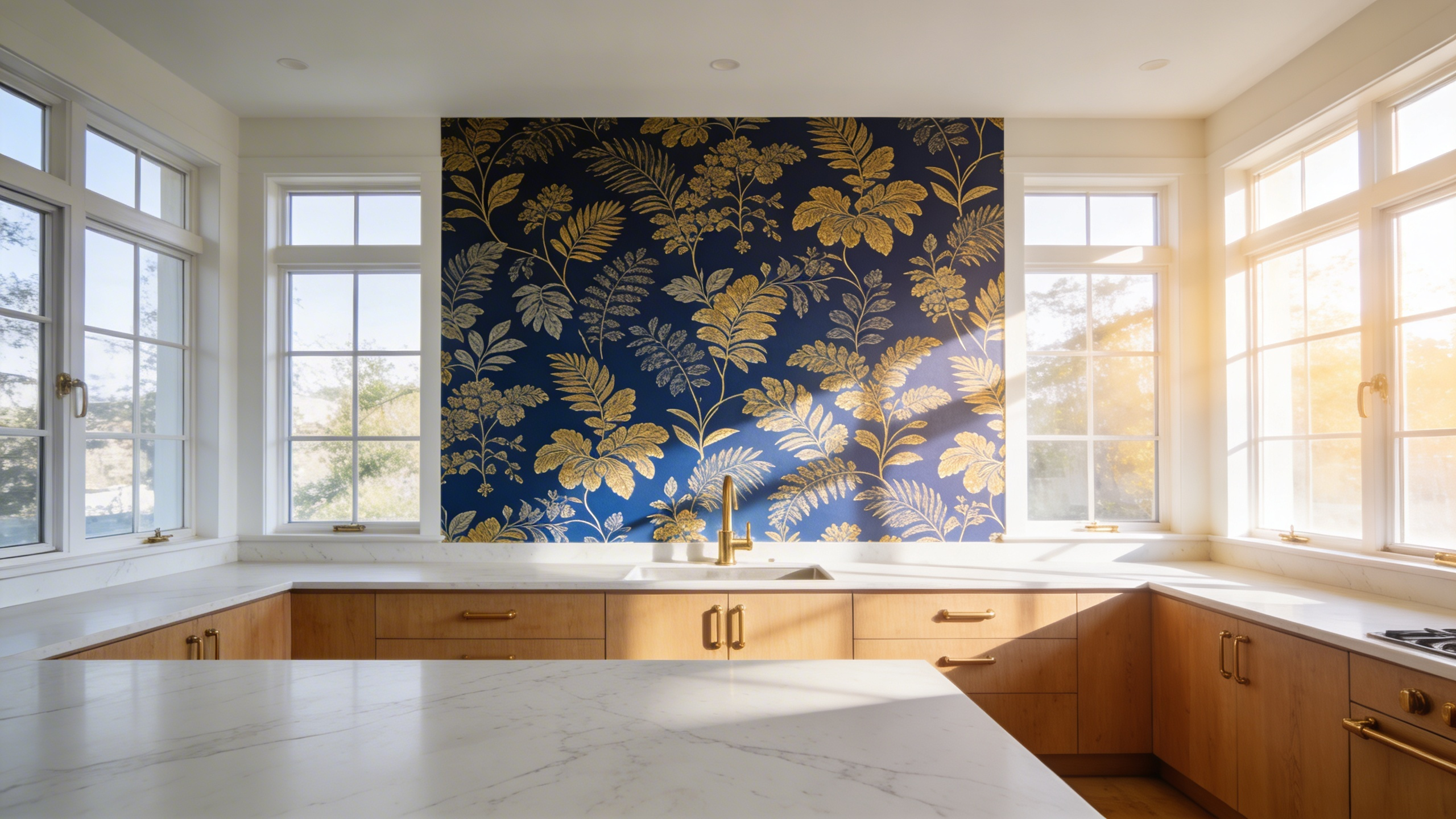 A brightly lit modern kitchen featuring a bold botanical peel-and-stick wallpaper accent wall behind white marble countertops and wooden cabinets.
