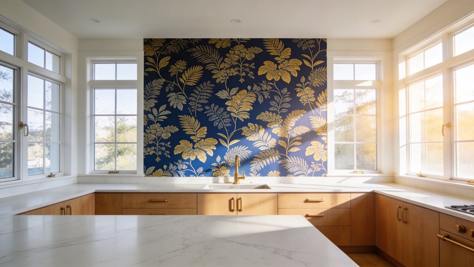 A brightly lit modern kitchen featuring a bold botanical peel-and-stick wallpaper accent wall behind white marble countertops and wooden cabinets.