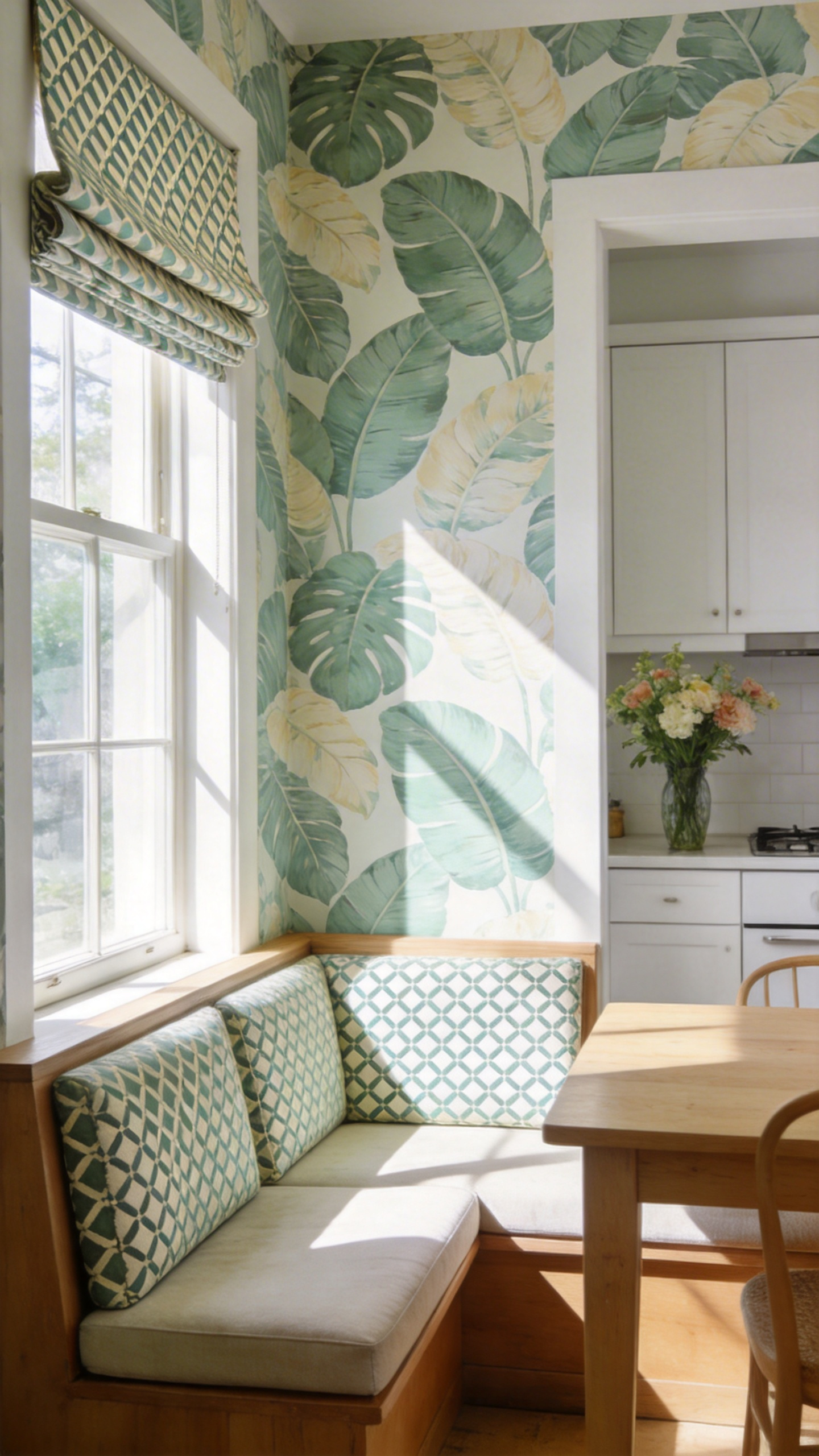 A well-designed kitchen showcasing a mix of large-scale botanical wallpaper on the walls and medium-scale patterns on window curtains and chair cushions to demonstrate pattern scaling.