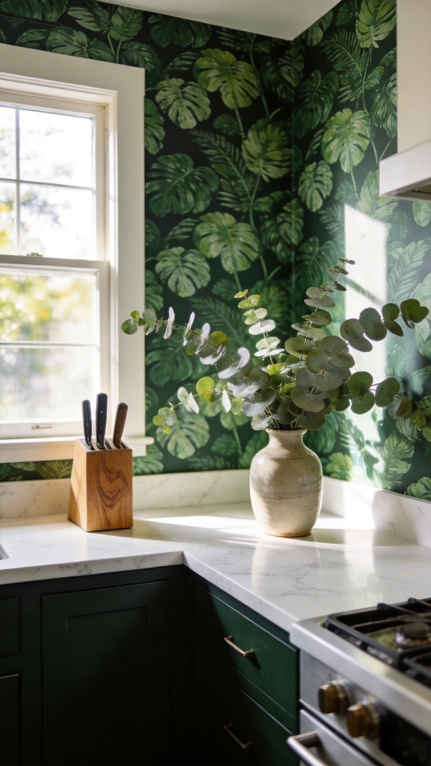 A modern kitchen with a seamless botanical wallpaper accent wall behind a white quartz countertop and kitchen accessories.