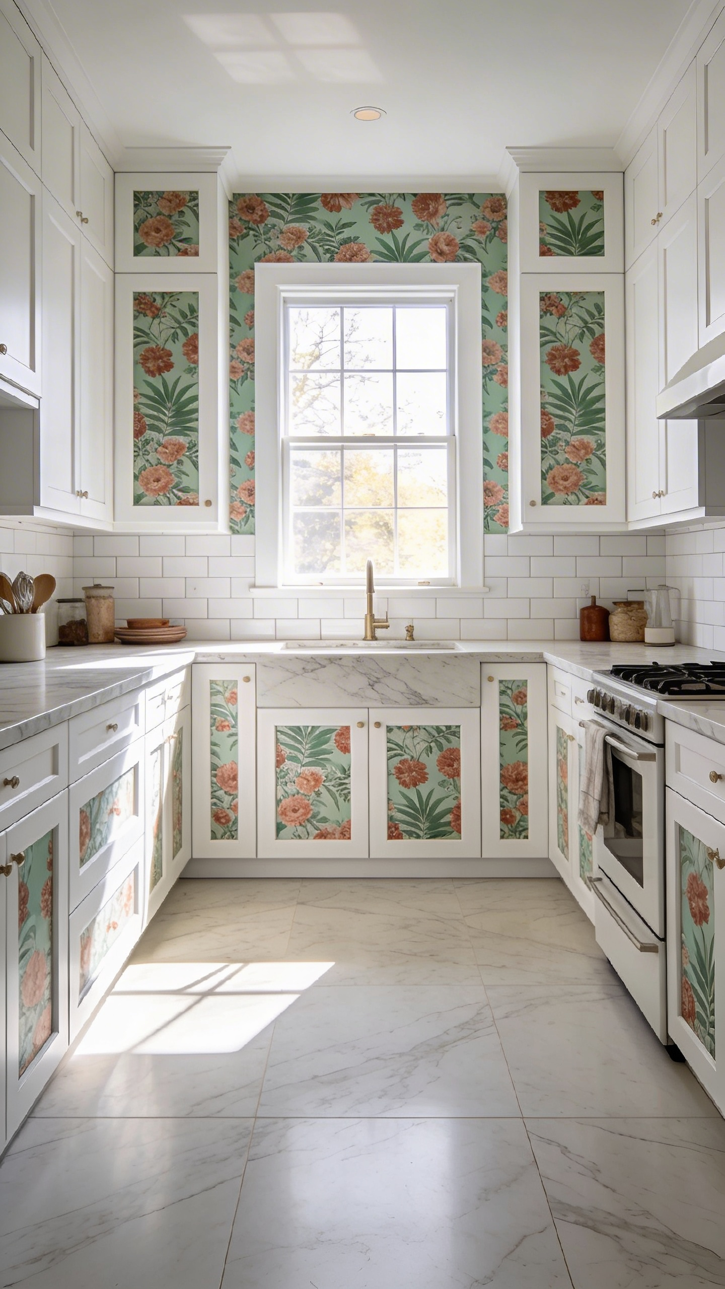 A bright kitchen scene showing white shaker cabinets with colorful botanical wallpaper inlays in the recessed door panels.