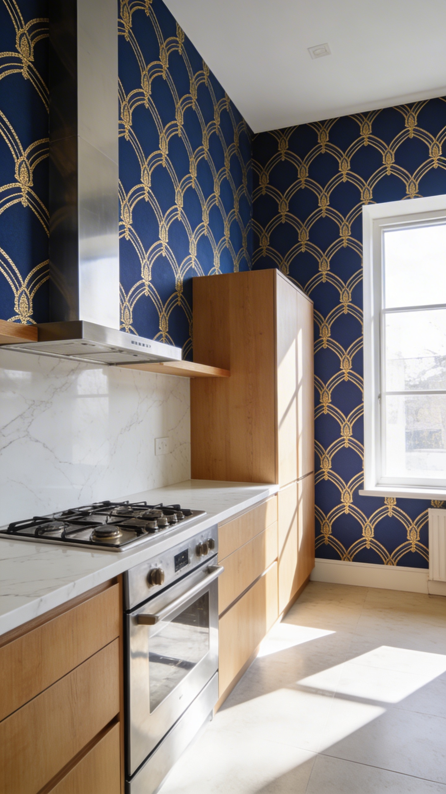 A modern kitchen interior showcasing moisture-resistant vinyl wallpaper with a navy geometric design installed behind a clean countertop.