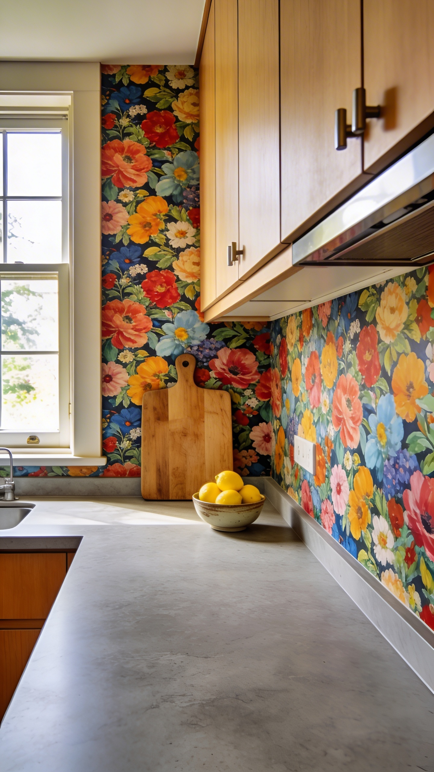 A full view of a modern kitchen with floral wallpaper meeting a quartz countertop with a clean waterproof seal.