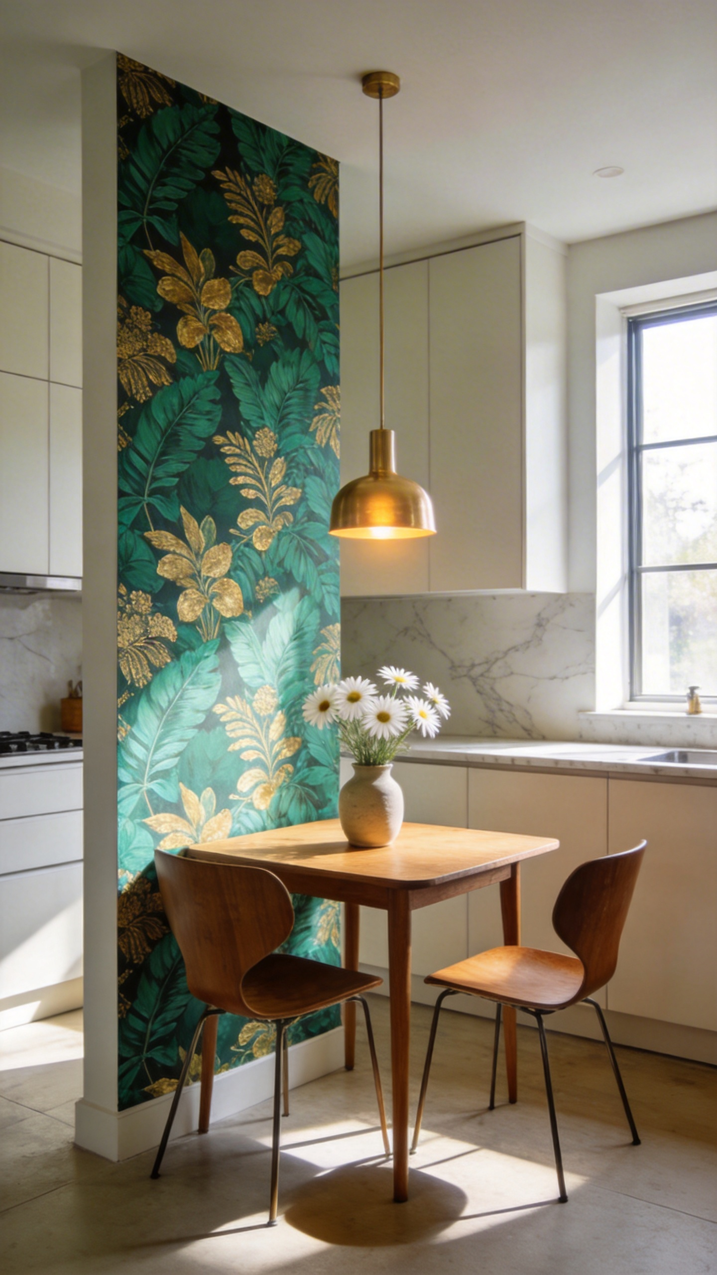 A breakfast nook in an open-plan kitchen defined by a bold green botanical feature wall and a small wooden dining set.
