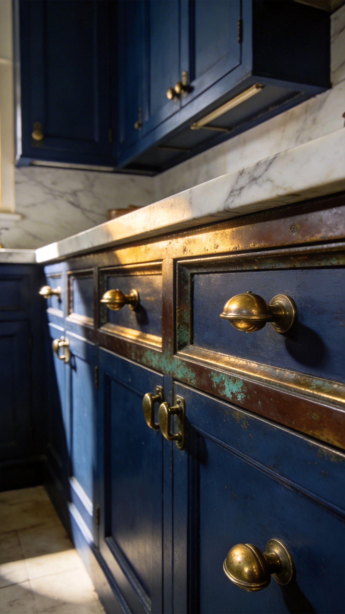 A full view of traditional navy blue inset kitchen cabinetry featuring unlacquered brass hardware that displays a rich, aged patina and wear map from frequent use.