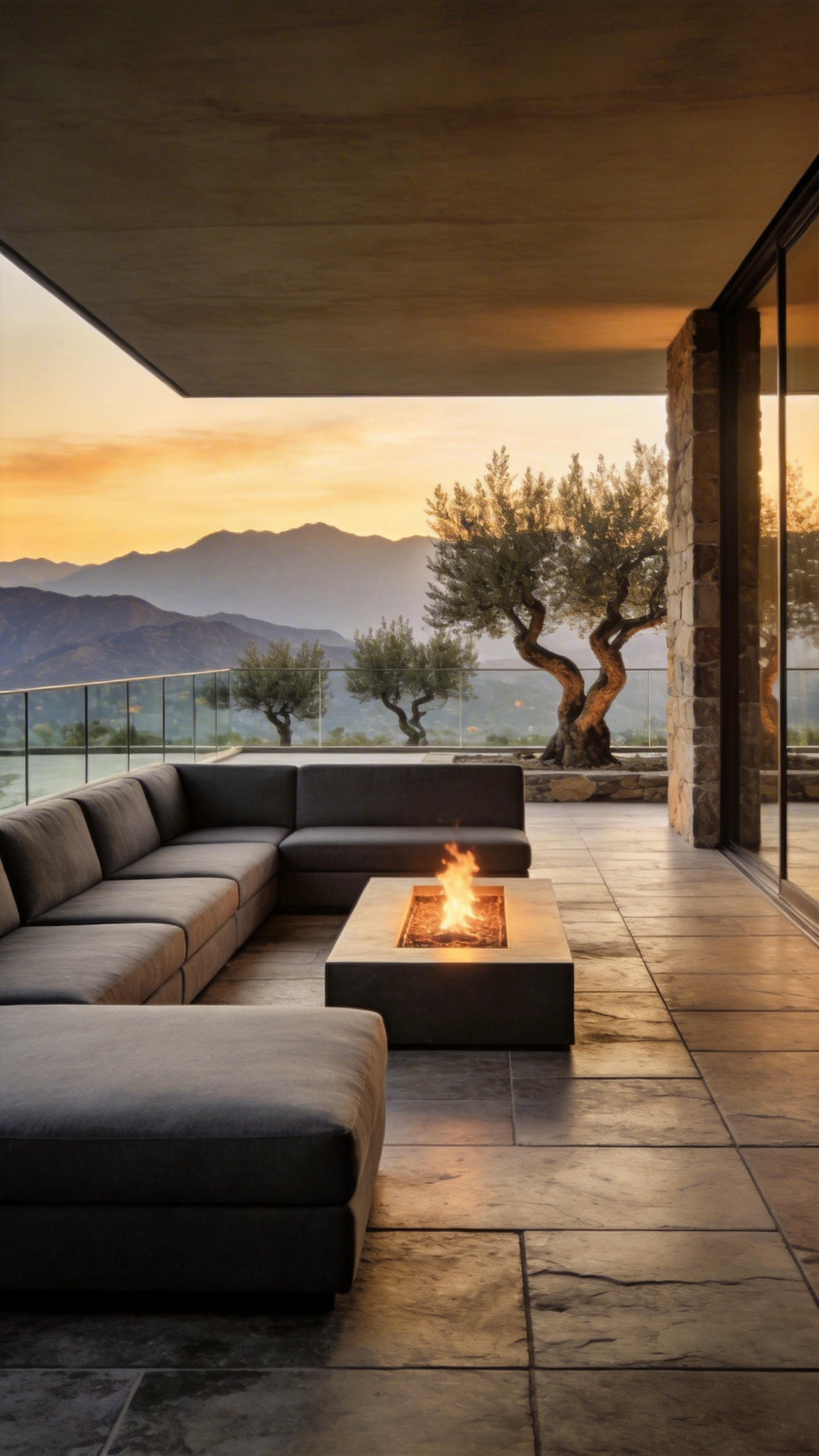 Low-profile modular outdoor sectional sofa on a modern stone patio overlooking a scenic horizon at sunset.