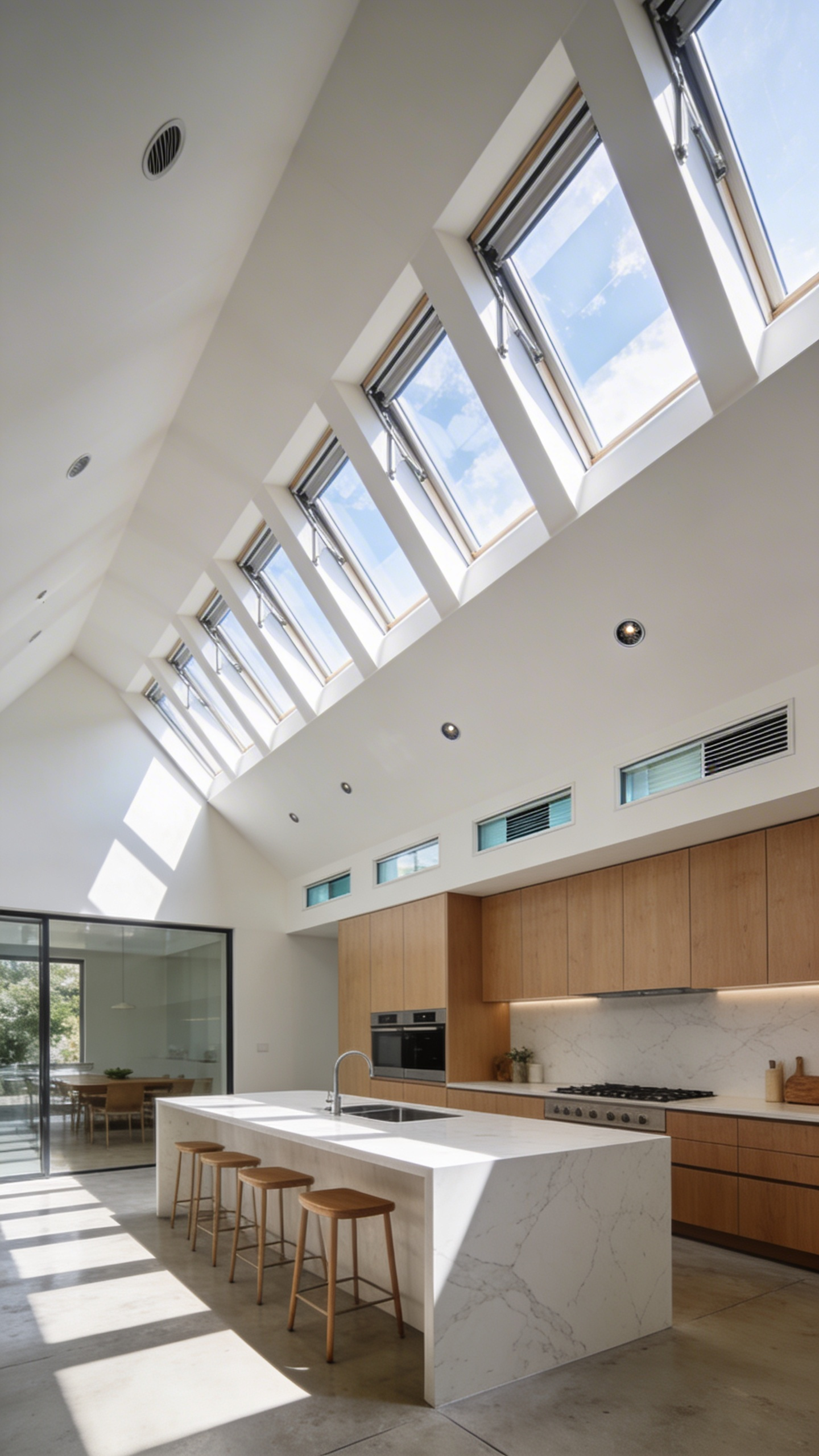 A bright modern luxury kitchen with high vaulted ceilings and clerestory windows demonstrating passive ventilation and natural cooling.