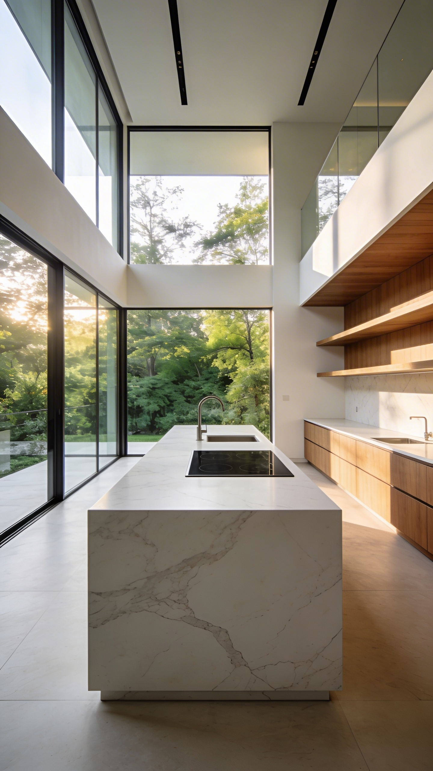 A bright and airy modern kitchen design with a marble island, induction cooktop, and large windows illustrating the concept of luxury breathing space.