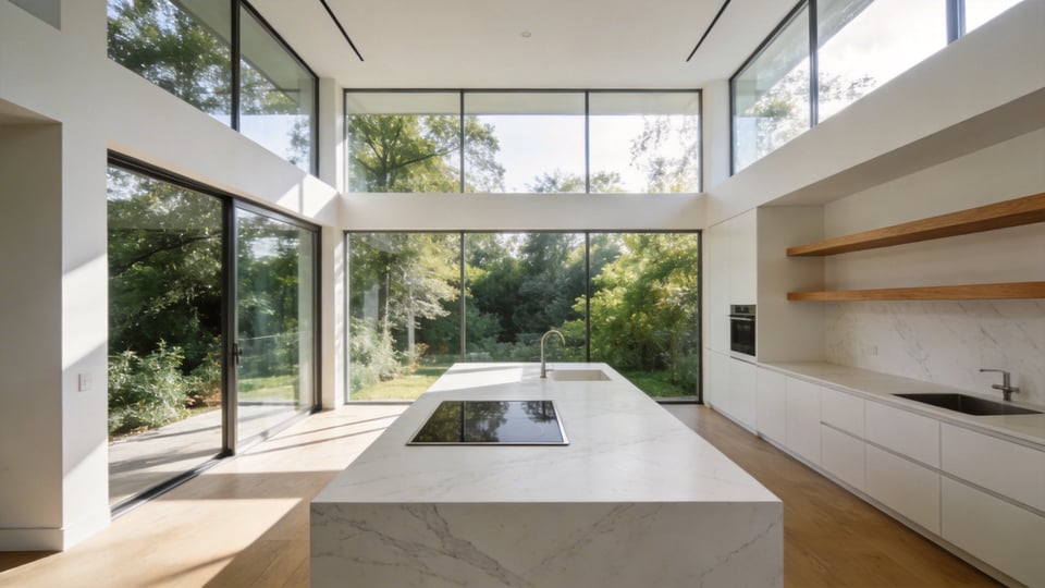 A bright and airy modern kitchen design with a marble island, induction cooktop, and large windows illustrating the concept of luxury breathing space.