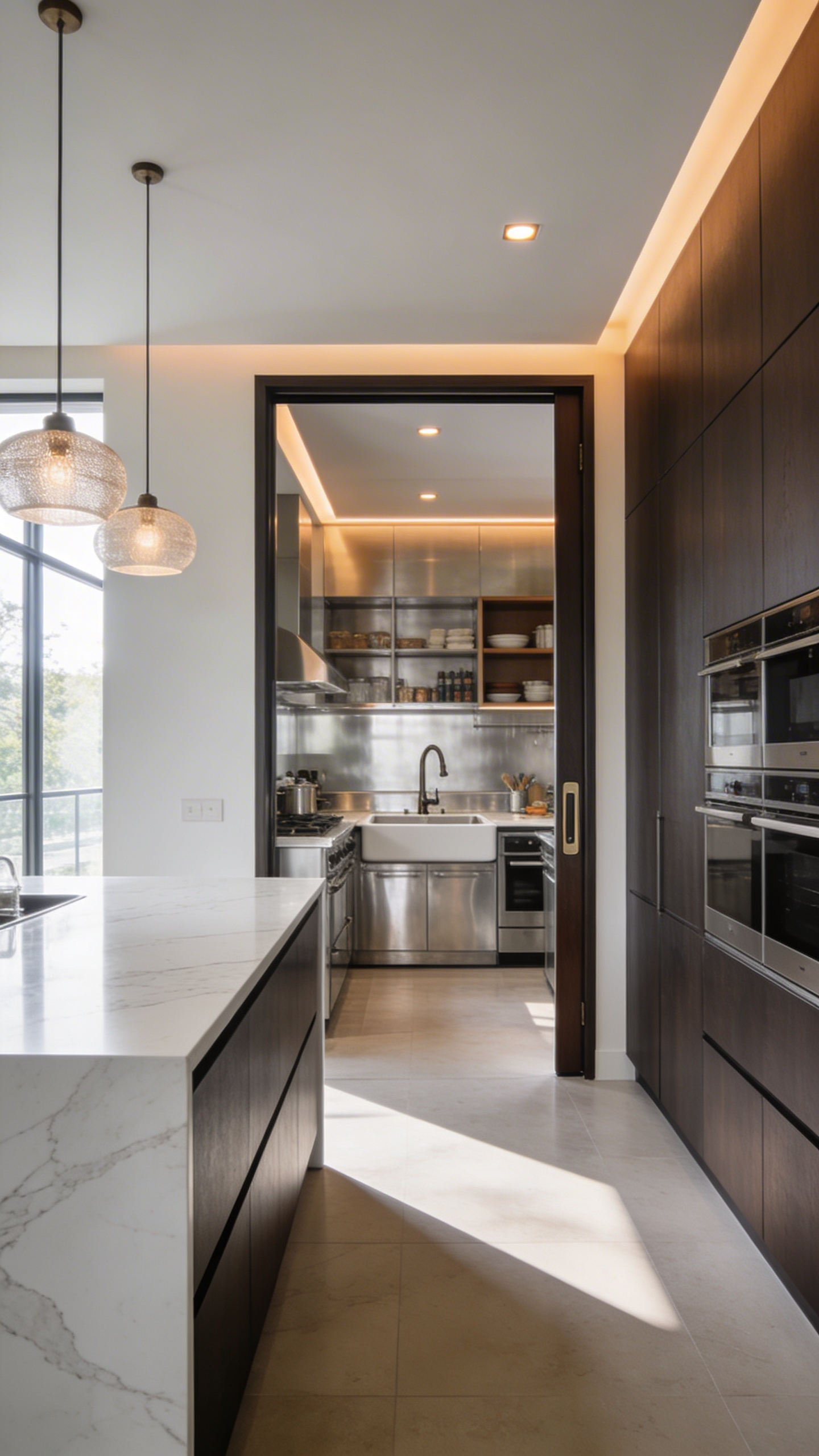 A luxury home featuring a clean minimalist show kitchen connected to a hidden functional mess kitchen scullery with professional appliances.