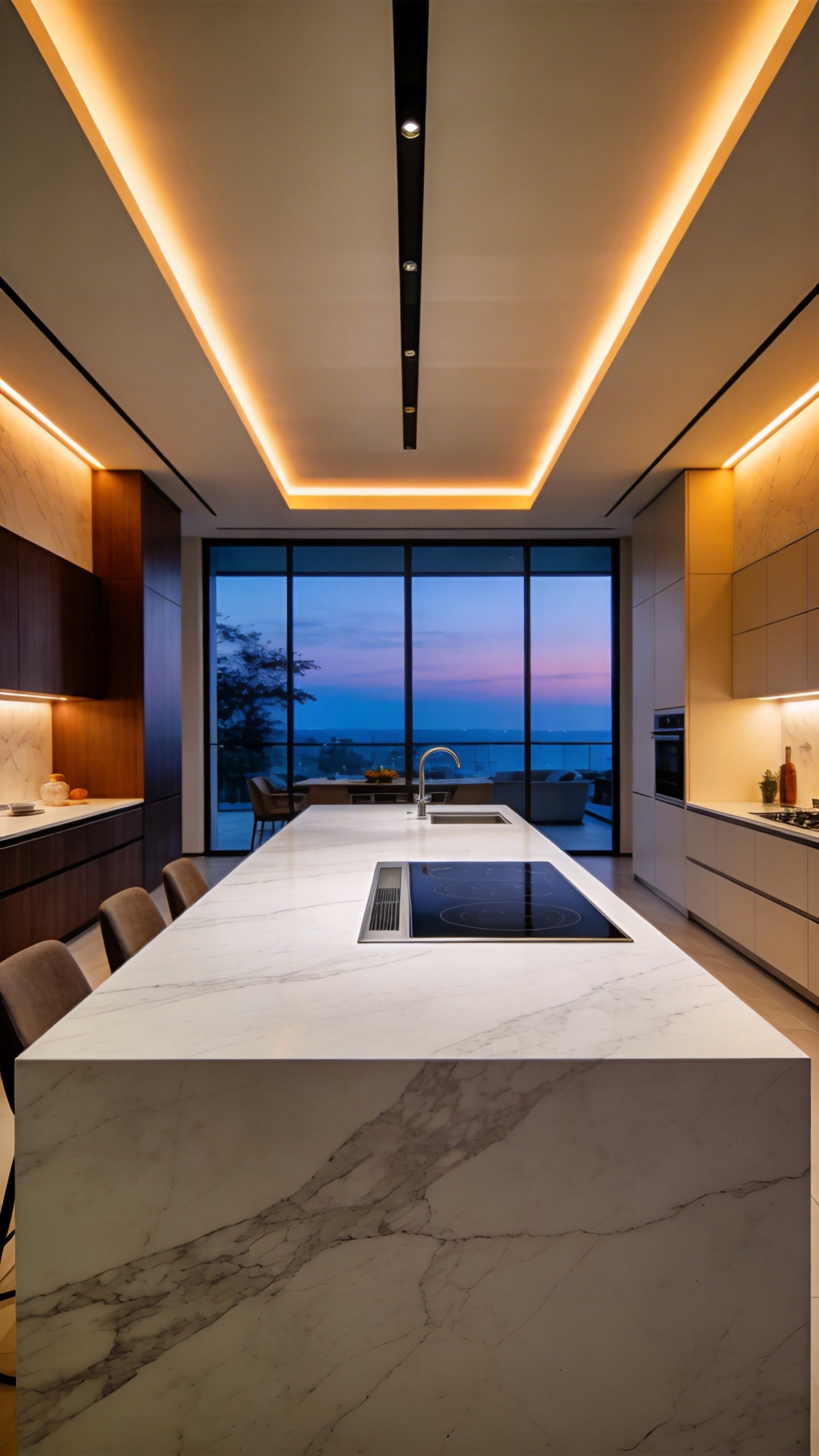 A modern luxury kitchen featuring a seamless marble island with an invisible integrated ventilation system and clean minimalist lines.