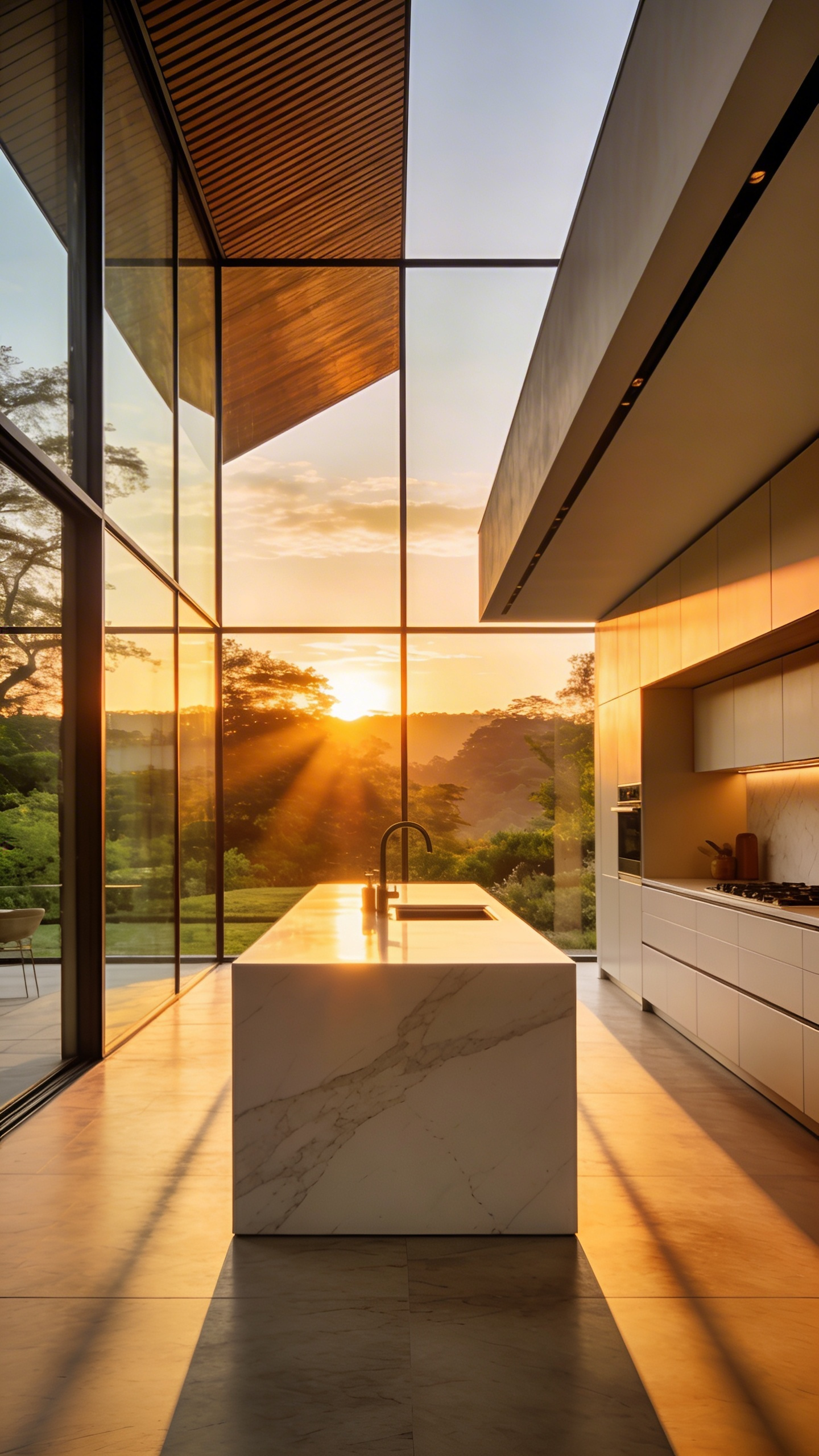 A modern luxury kitchen with massive glass windows catching the golden hour light and deep architectural eaves.