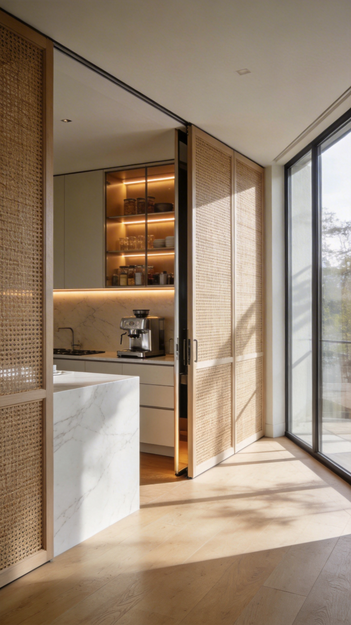 A luxury modern kitchen featuring tall cane-webbed cabinetry doors that conceal a secondary scullery and appliances.