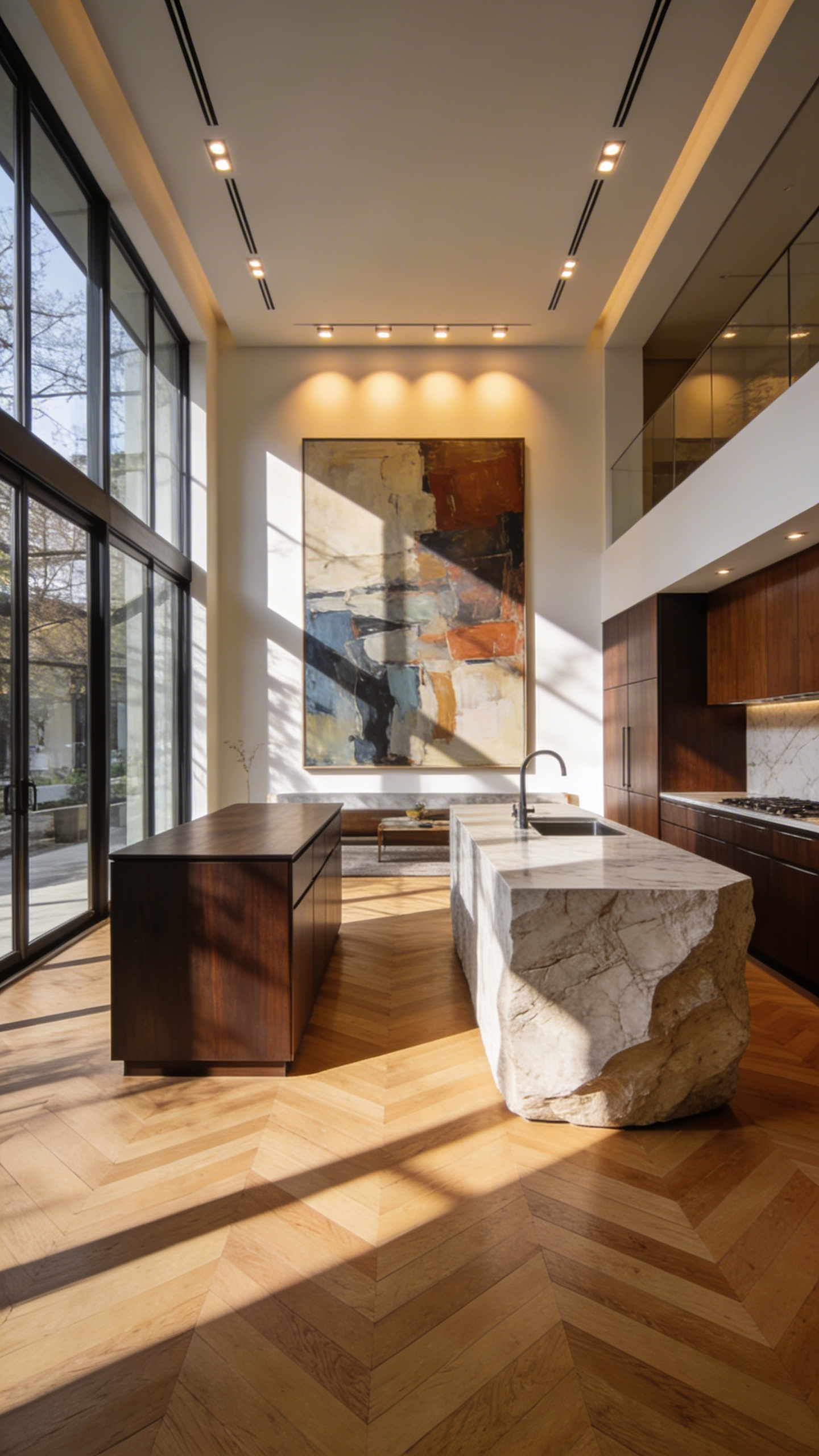 A luxury open-concept kitchen featuring furniture-grade walnut cabinetry, a marble island, and large-scale art in a light-filled living area.