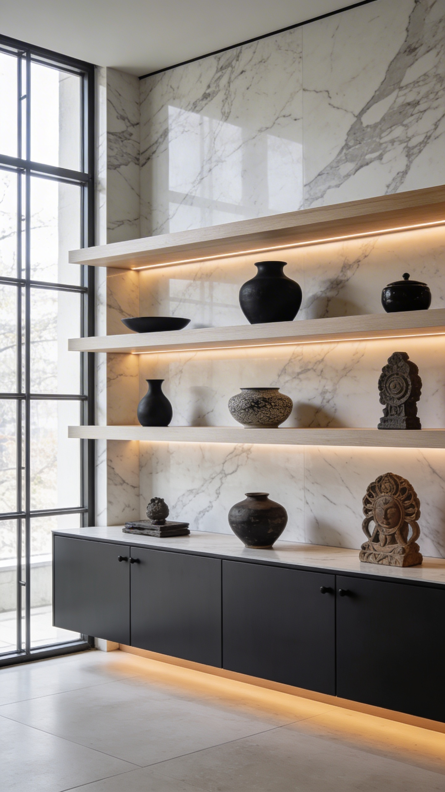 A wide shot of a luxury minimalist kitchen showcasing long floating wood shelves with curated artisanal pottery and global artifacts on a white marble wall.