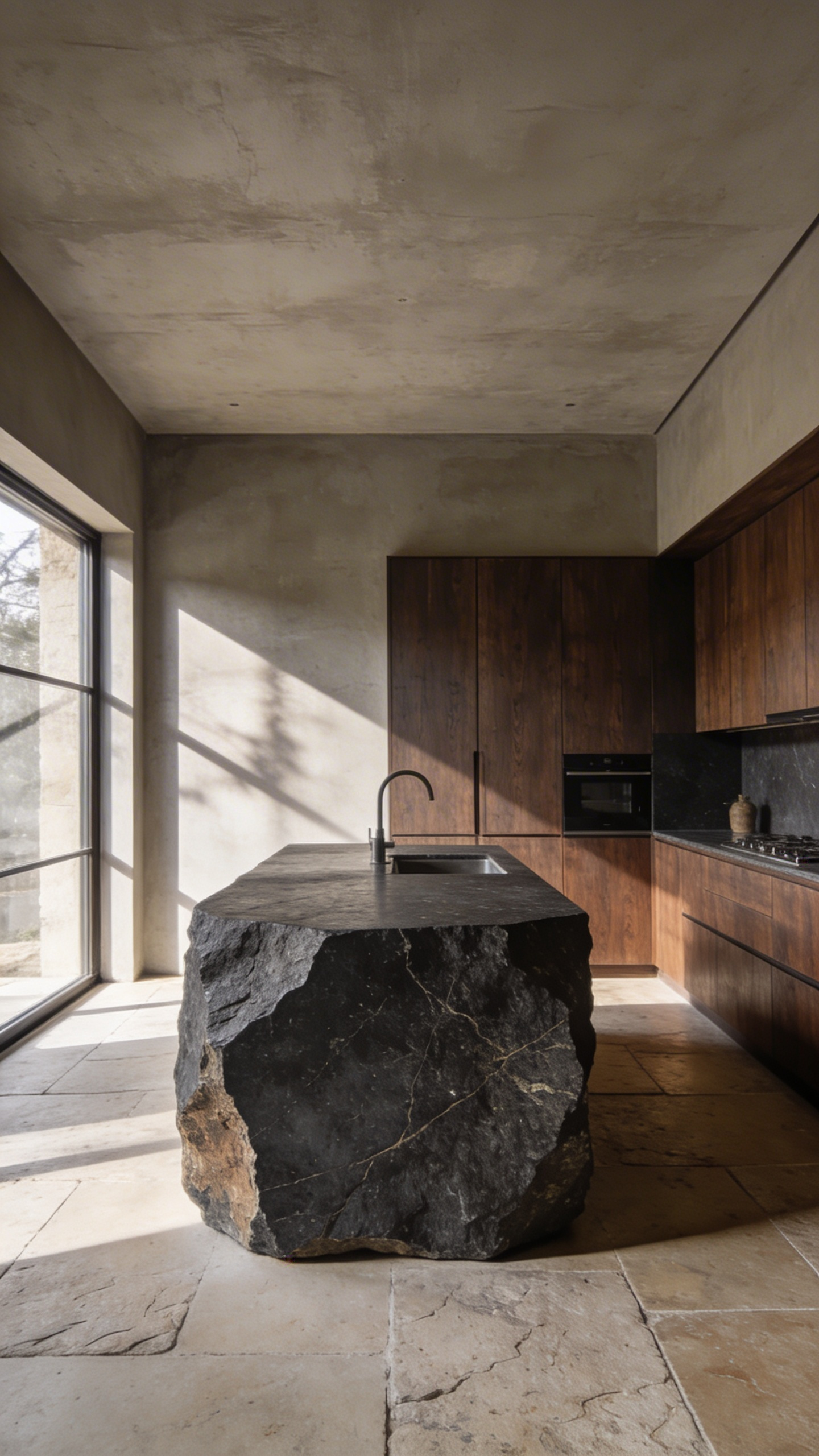 A luxury kitchen interior featuring a heavy dark stone island, matte wood cabinets, and textured plaster walls in a minimalist sanctuary style.