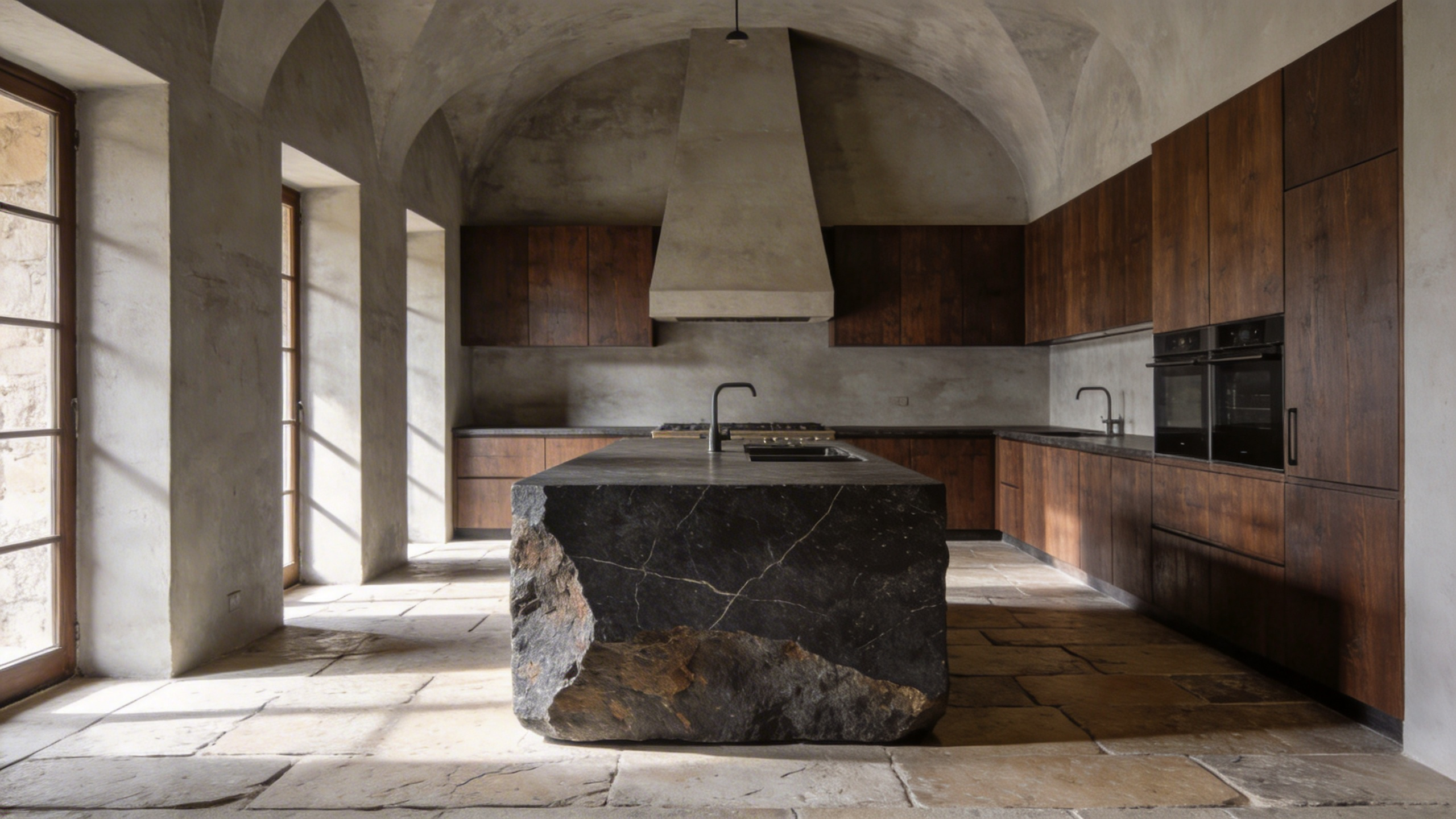 A luxury kitchen interior featuring a heavy dark stone island, matte wood cabinets, and textured plaster walls in a minimalist sanctuary style.