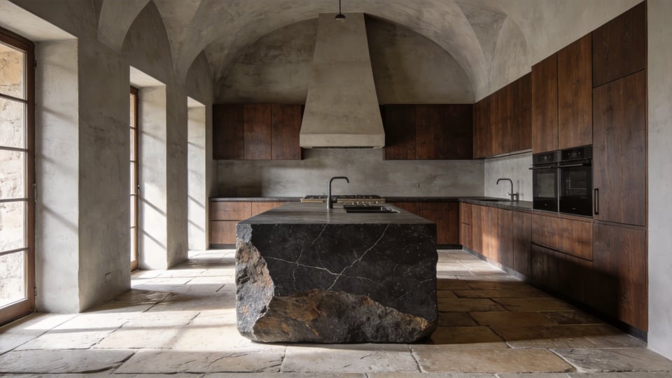 A luxury kitchen interior featuring a heavy dark stone island, matte wood cabinets, and textured plaster walls in a minimalist sanctuary style.
