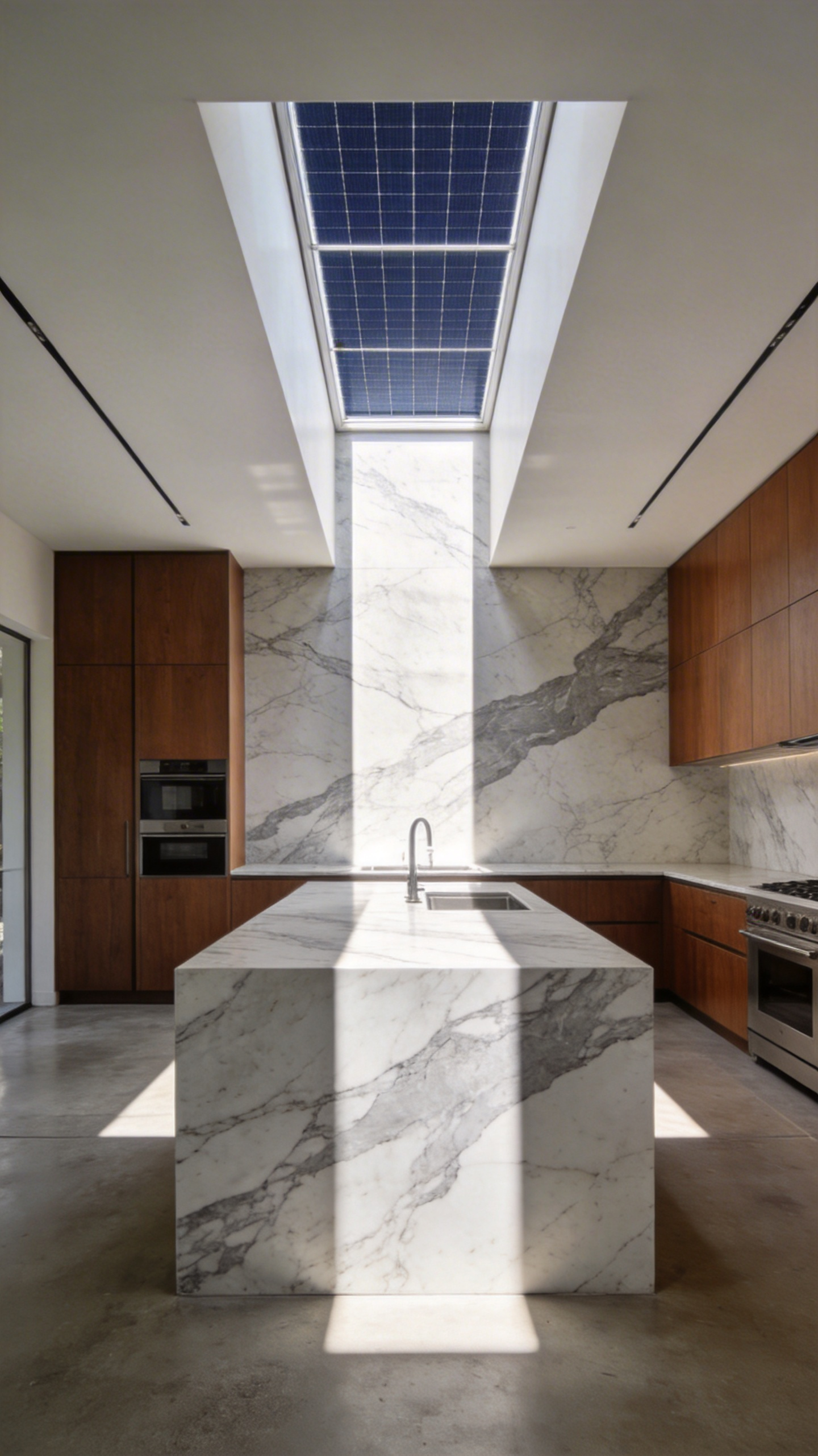 A bright luxury kitchen with a dramatic architectural skylight positioned over a marble island showcasing natural light and shadow.