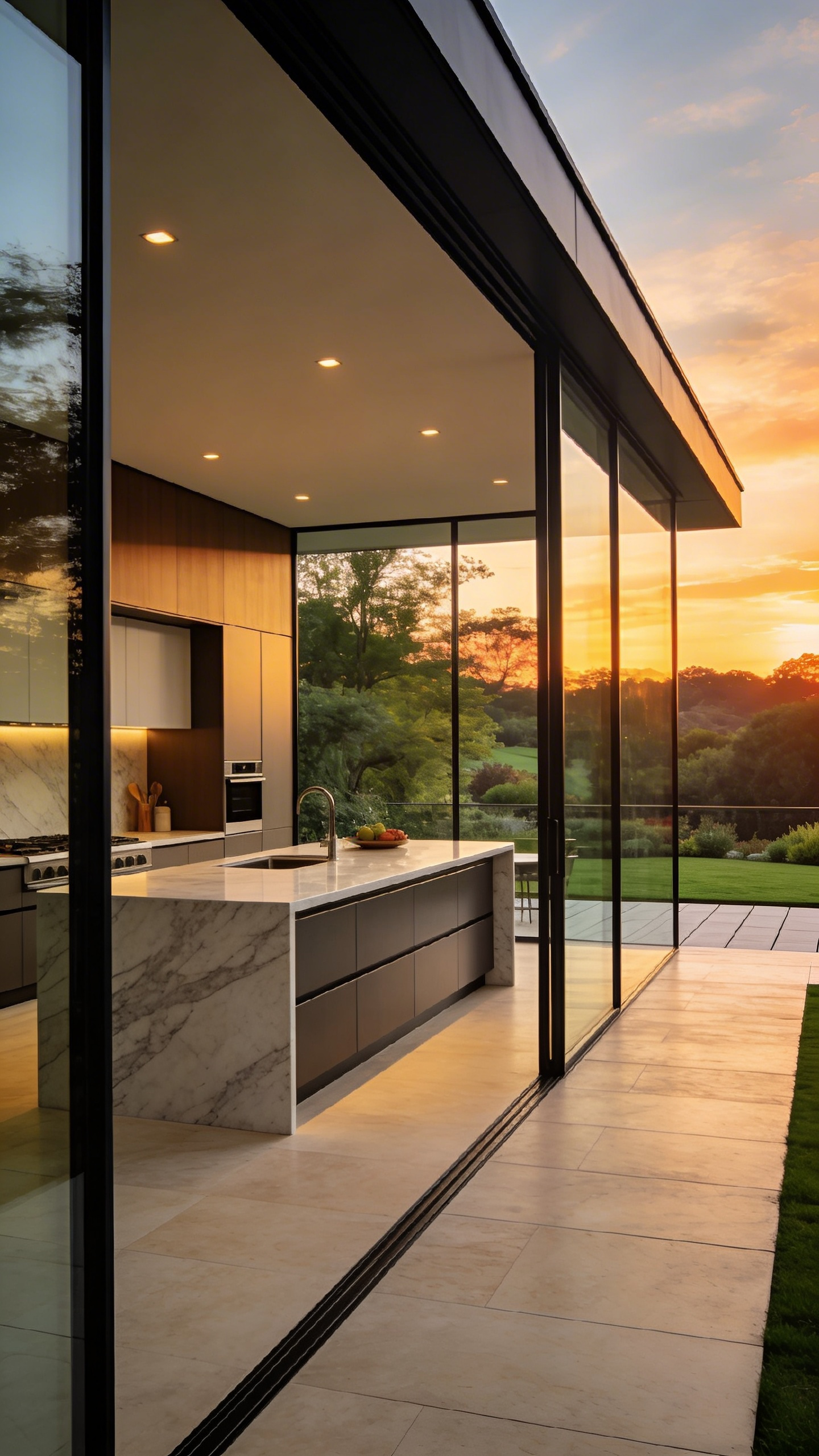 A modern luxury kitchen with expansive floor-to-ceiling steel-framed glass walls that open to a lush garden landscape.