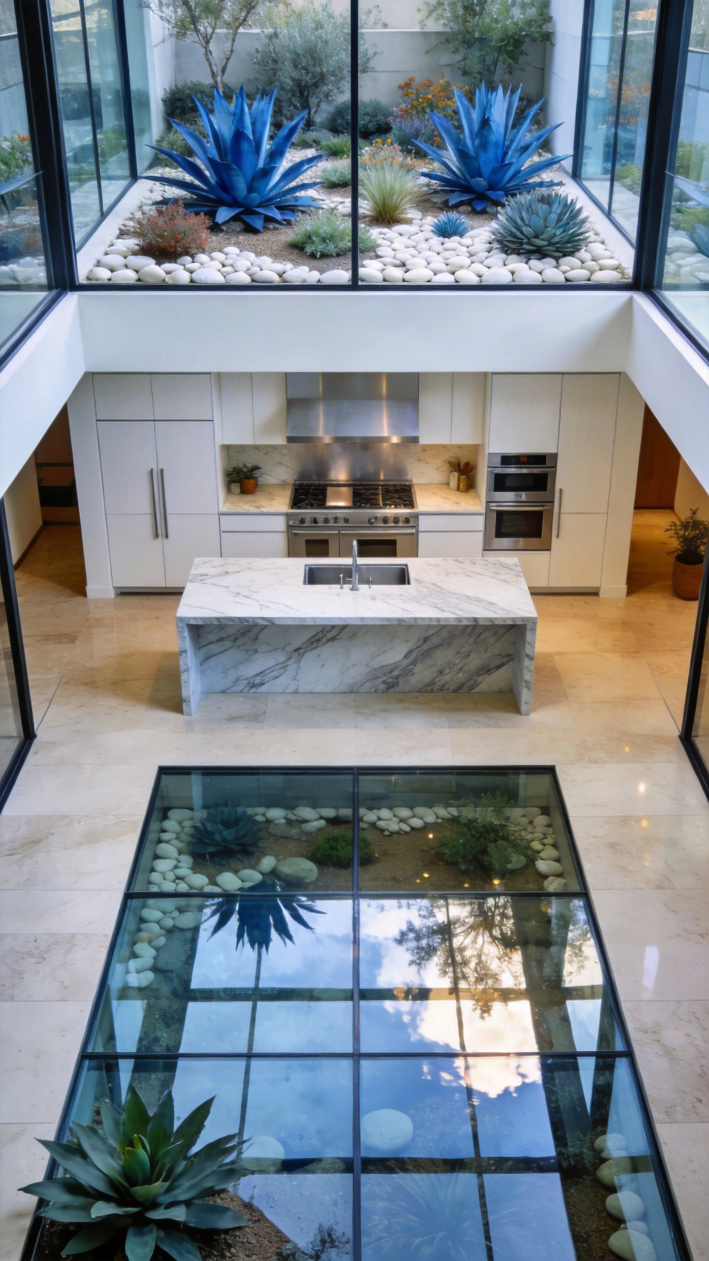 A modern luxury kitchen layout featuring a central glass-enclosed atrium with drought-resistant desert plants and sleek cabinetry.