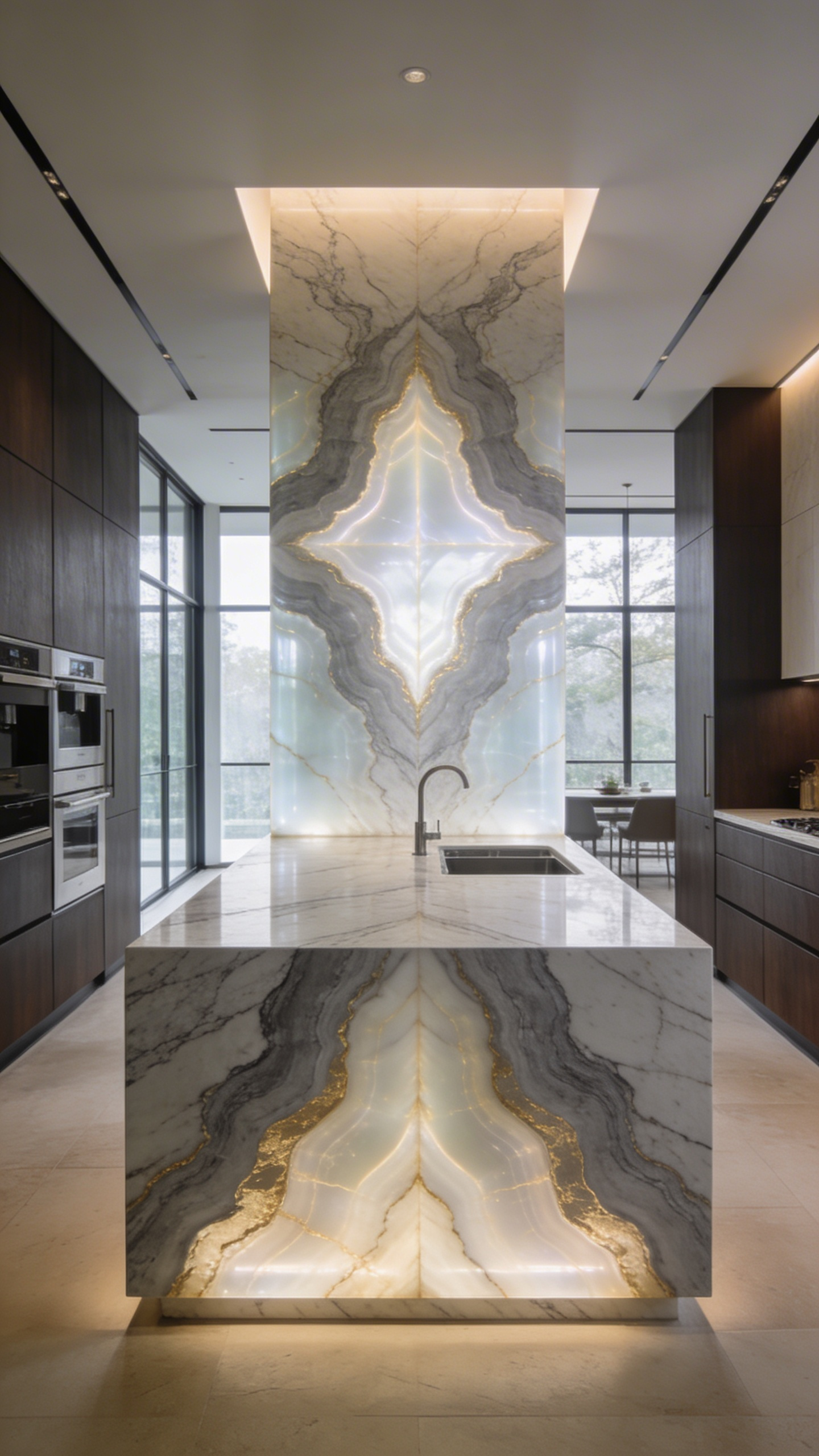 A high-end luxury kitchen featuring a large monolithic island made of bookmatched quartzite with symmetrical stone veining and modern cabinetry.