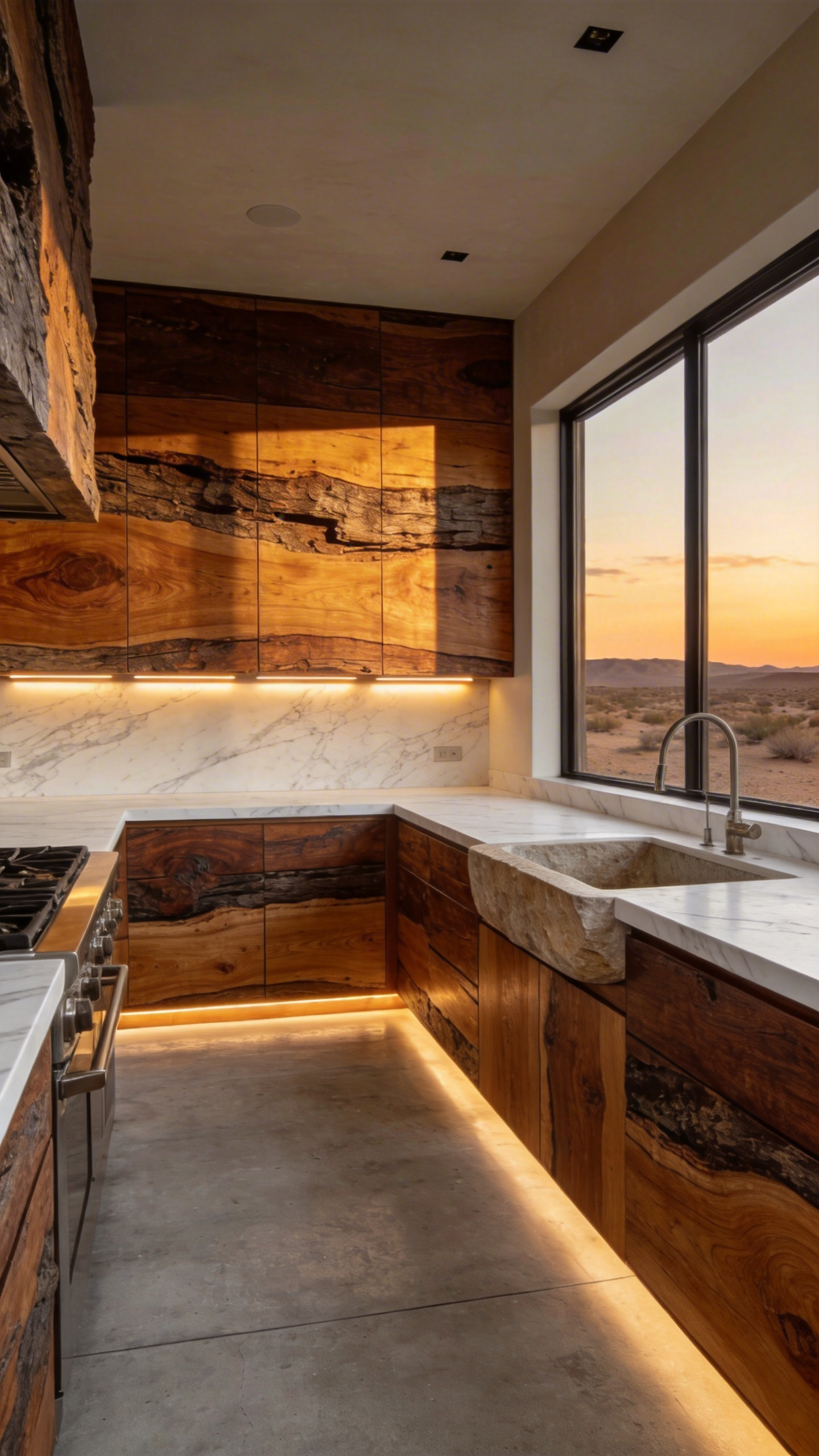 A luxury kitchen interior showcasing cabinetry made from reclaimed desert timber paired with cool stone surfaces under warm architectural lighting.