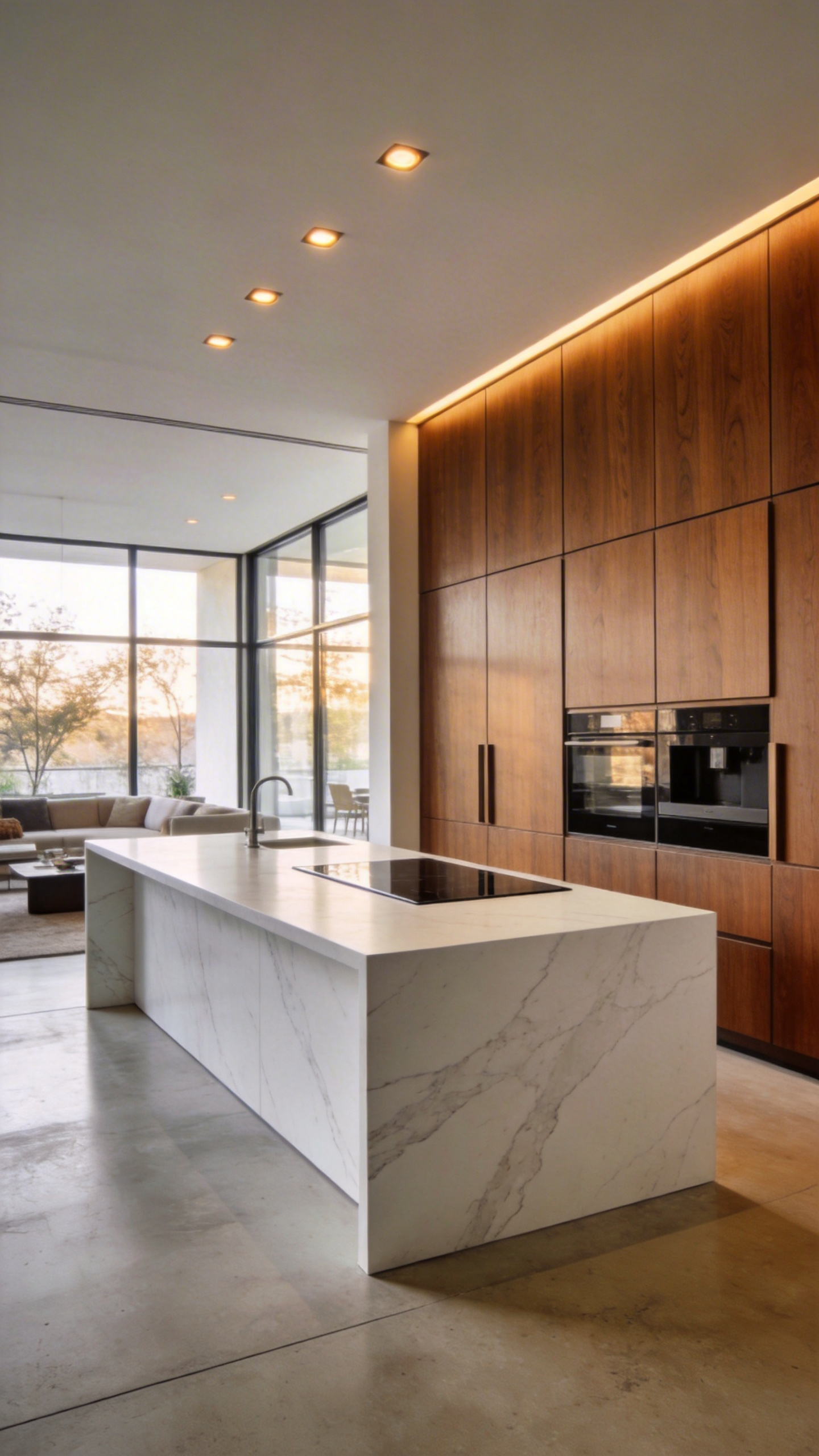 A minimalist luxury kitchen featuring a seamless marble island and integrated wood cabinetry in an open-concept living area with natural light.