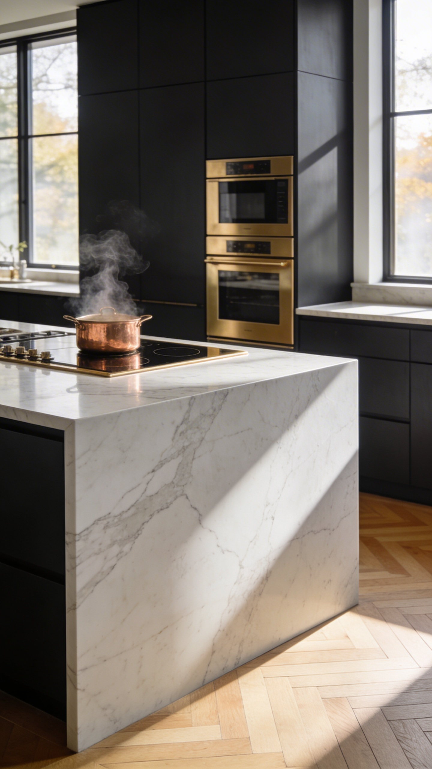A minimalist luxury kitchen featuring hidden appliances and a massive marble island in a quiet, sunlit architectural setting.