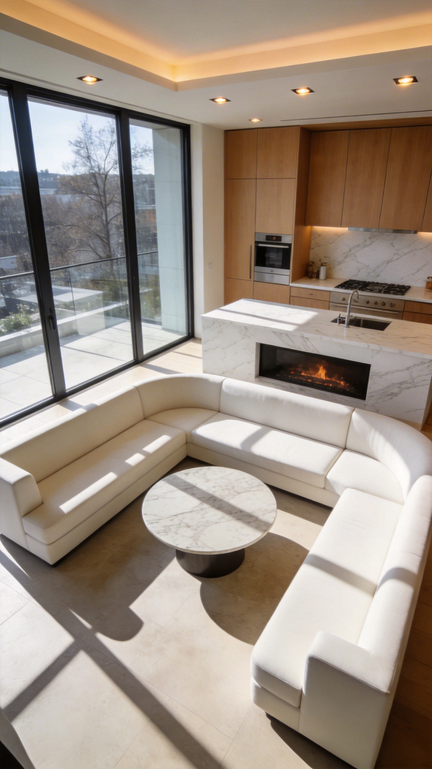 A luxury kitchen social hearth featuring a low-slung lounge-style banquette upholstered in cream performance linen next to large windows.