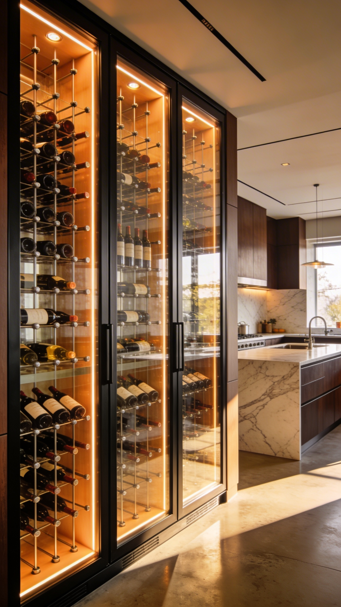 A floor-to-ceiling glass-encased climate-controlled wine wall with LED lighting in a modern luxury kitchen with marble islands.
