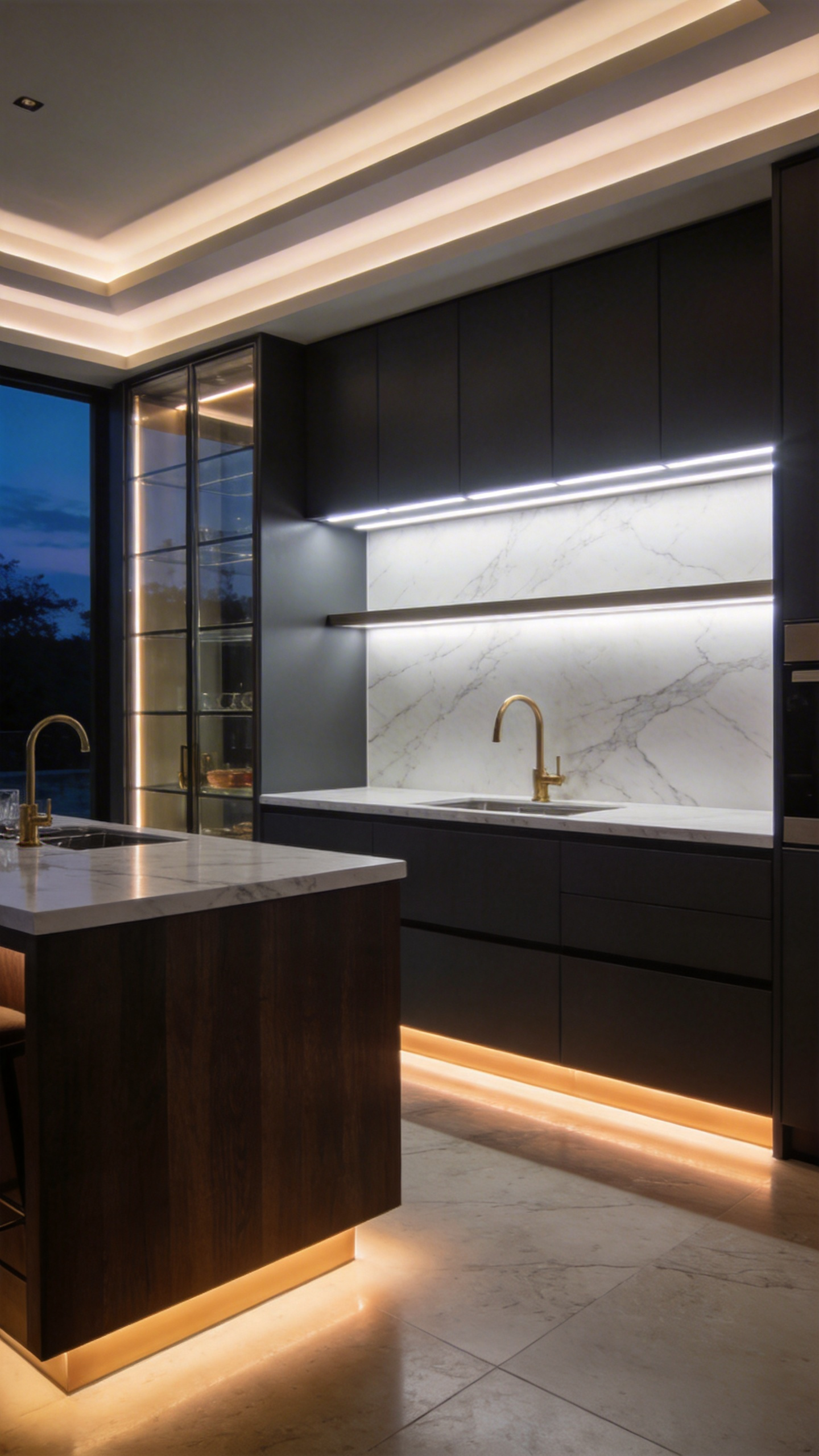 A luxury kitchen interior showcasing layered lighting with under-cabinet task lights and warm ambient toe-kick glows.