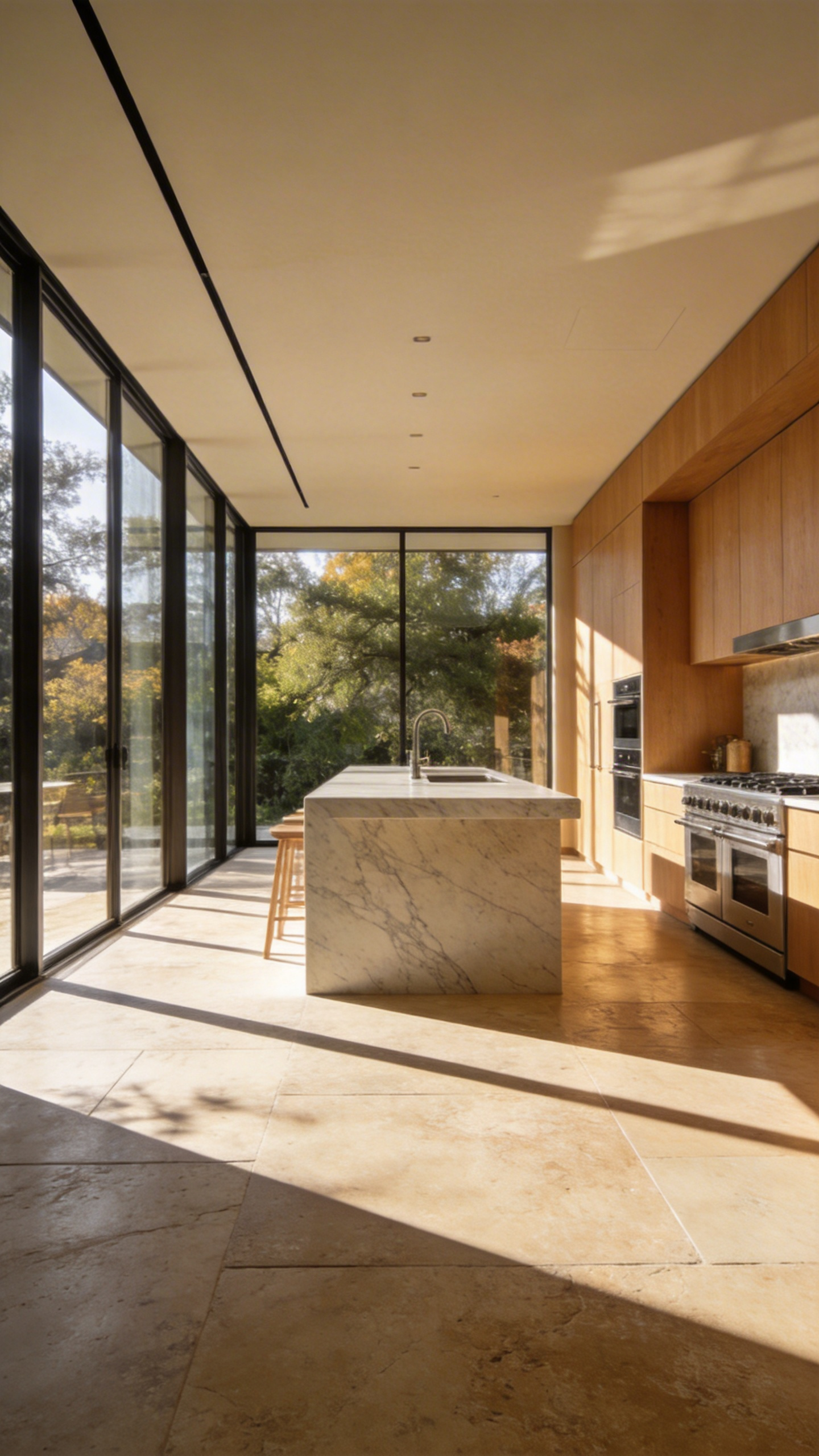 A spacious luxury kitchen featuring large-format limestone flooring and floor-to-ceiling windows with natural sunlight hitting the stone tiles.
