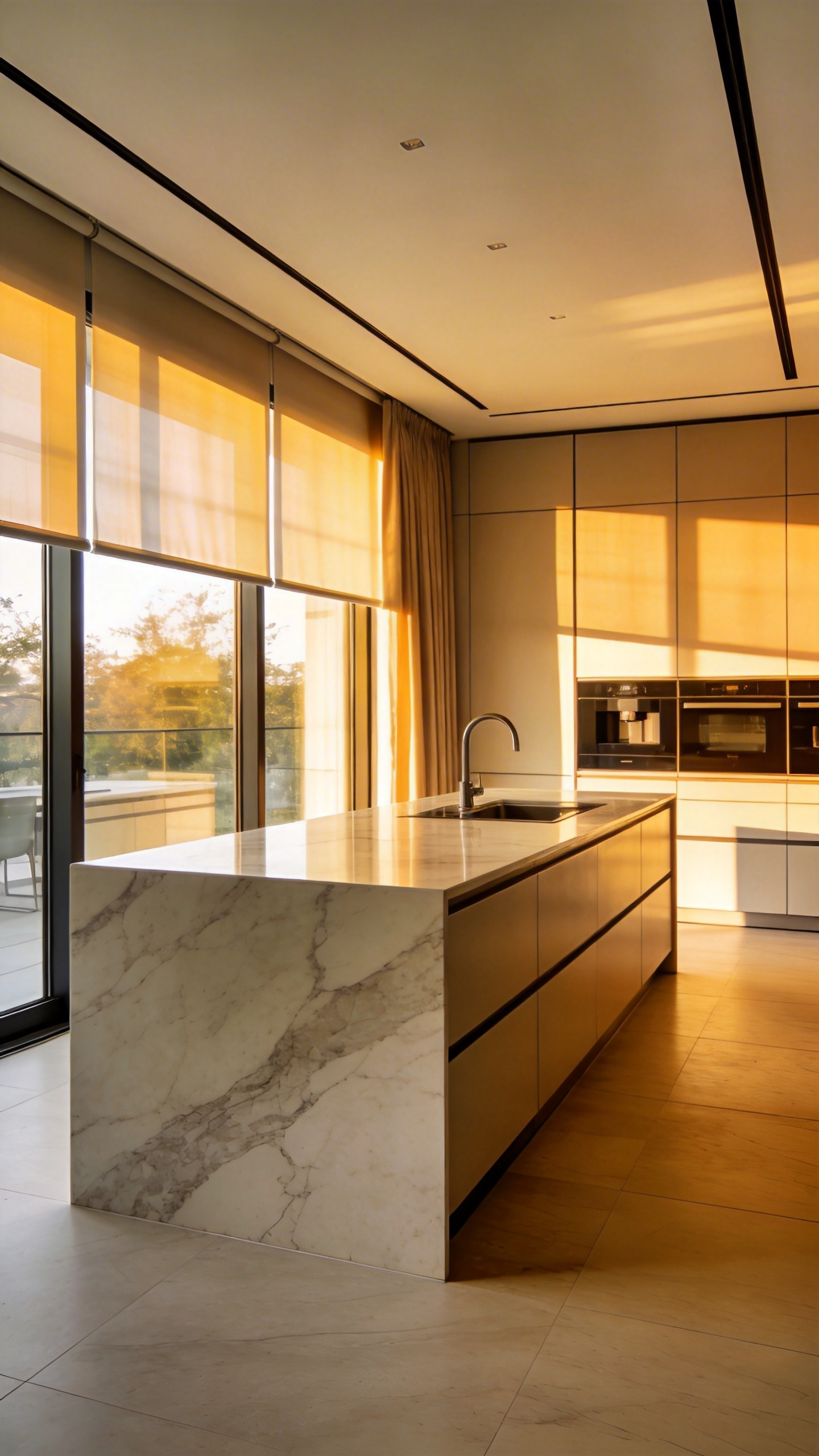 A bright luxury kitchen featuring floor-to-ceiling windows with automated sheer shades hidden in recessed ceiling pockets to filter afternoon sunlight.