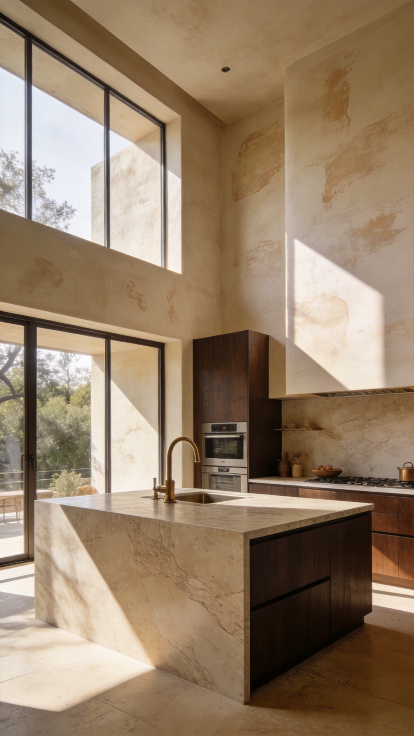 A luxury kitchen interior featuring hand-finished Tadelakt mineral plaster walls in a warm beige color with a large marble island and modern minimalist cabinetry.
