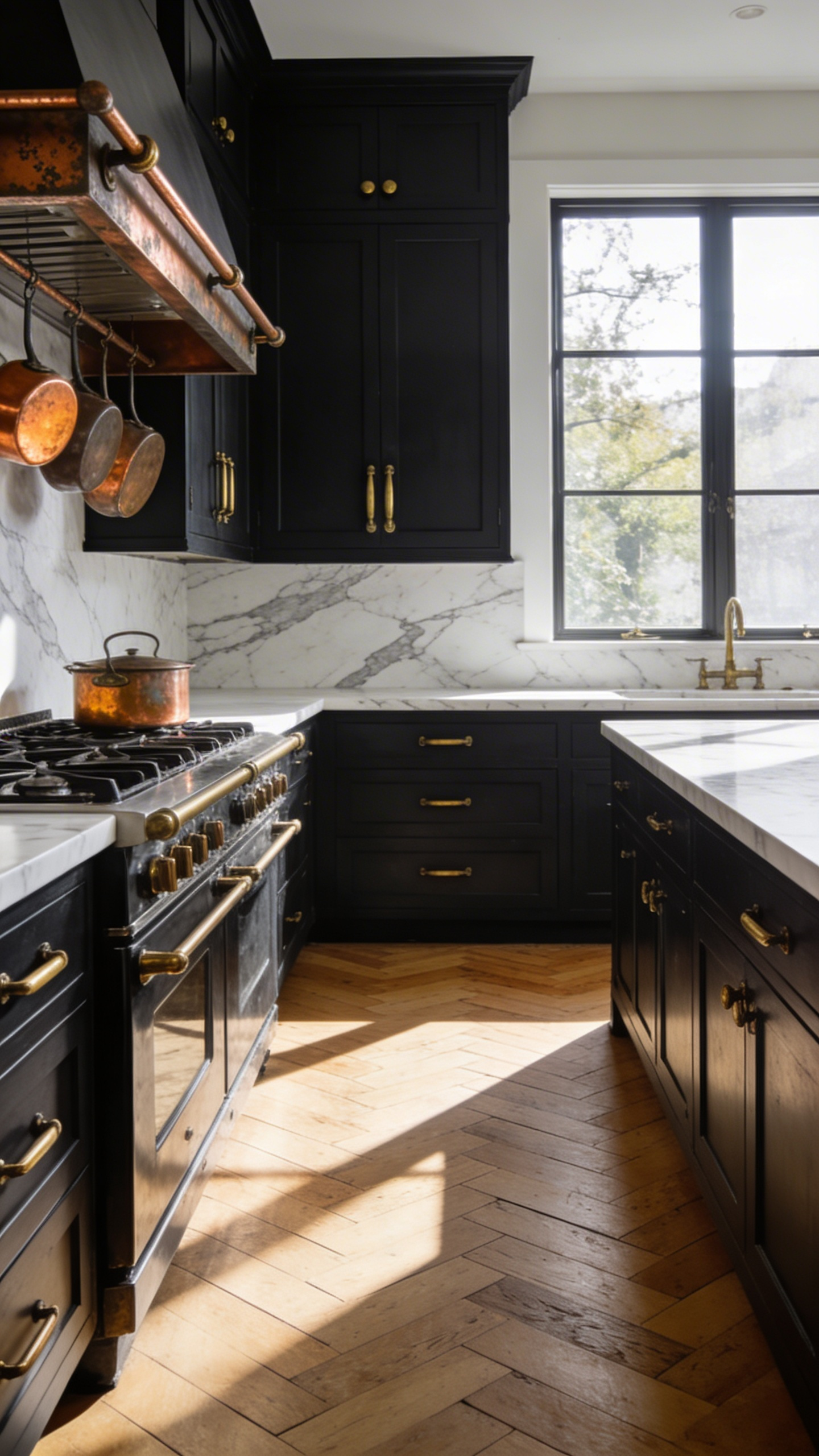 A luxury kitchen with dark cabinets, marble countertops, and unlacquered brass hardware showing a natural aged patina.