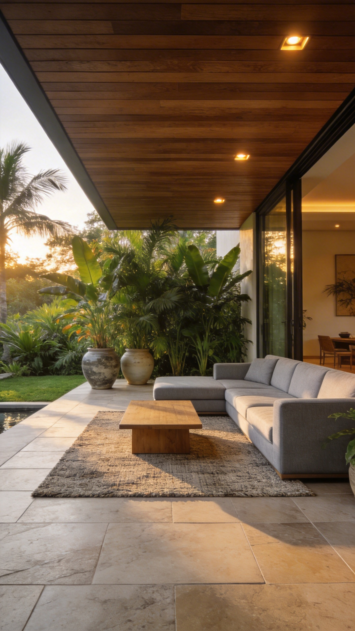 A luxury modern patio designed as an outdoor living room with seamless transitions between the indoor and outdoor spaces.