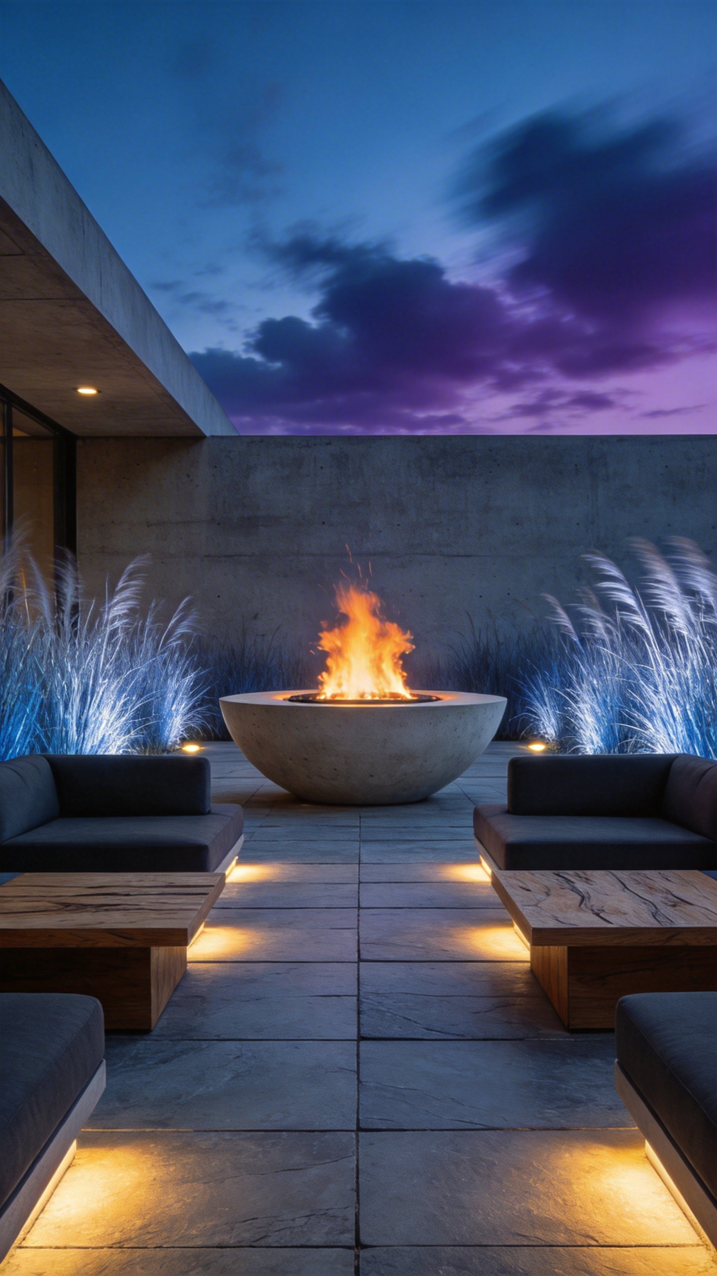 A high-end outdoor patio featuring a sculptural gray concrete fire bowl with a clean-burning flame surrounded by modern furniture.