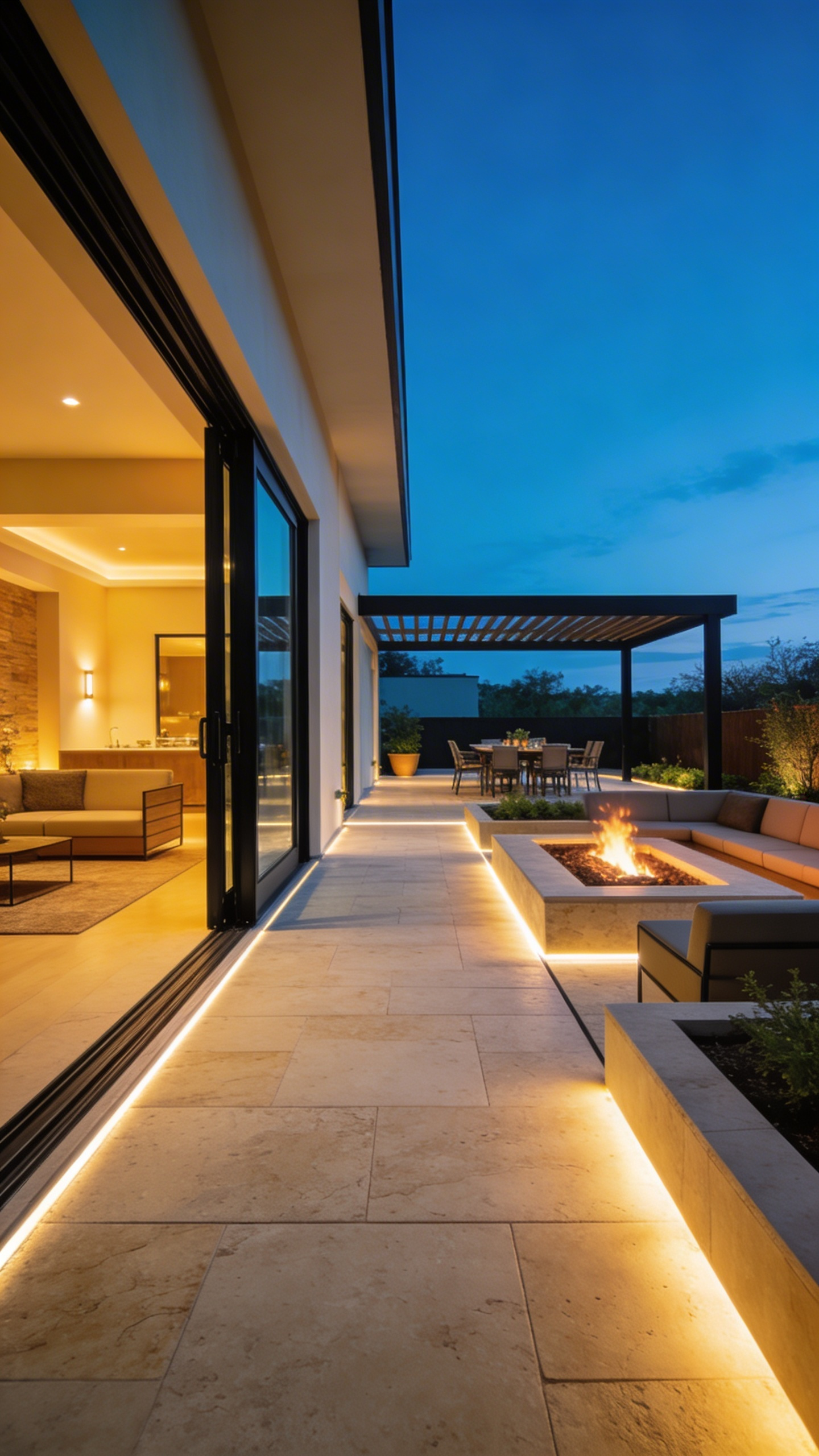 A modern luxury patio featuring a wide stone walkway that creates a seamless social flow between the indoor living room and outdoor seating areas.
