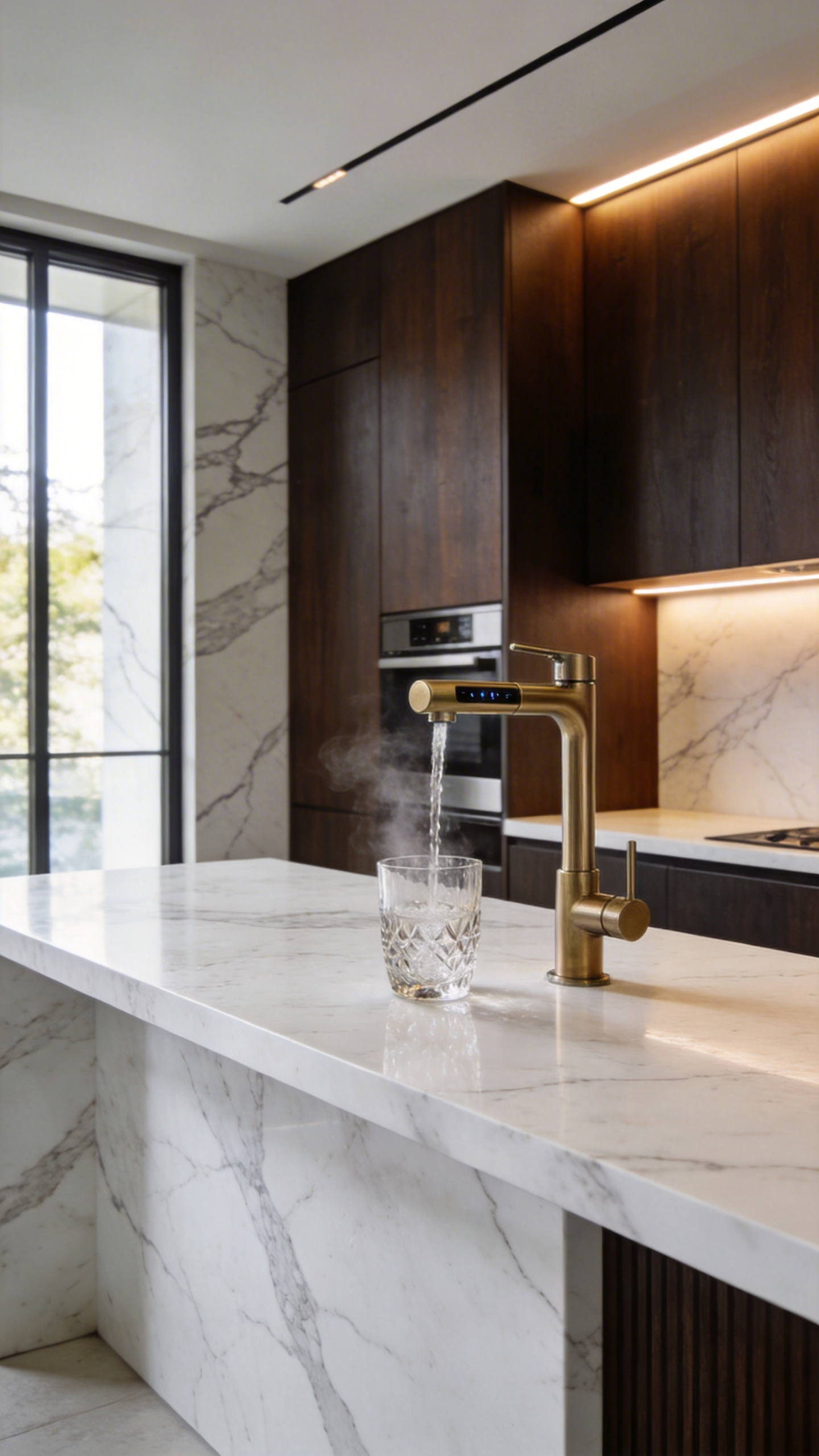 A modern luxury kitchen with a white marble island featuring an integrated smart water tap and no countertop clutter.