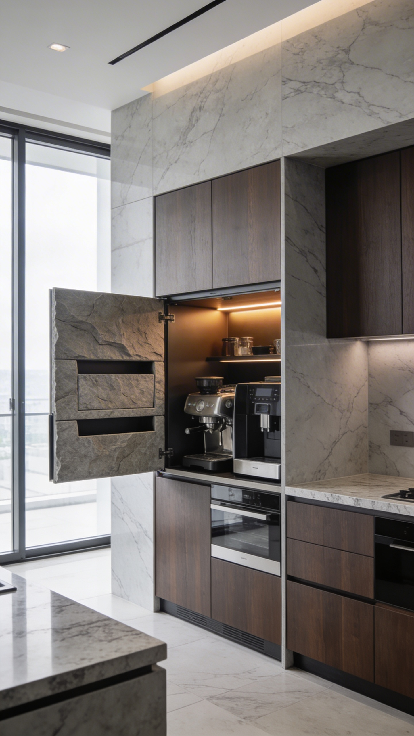 A modern luxury kitchen featuring a retractable stone pocket door system that conceals countertop appliances within custom cabinetry.