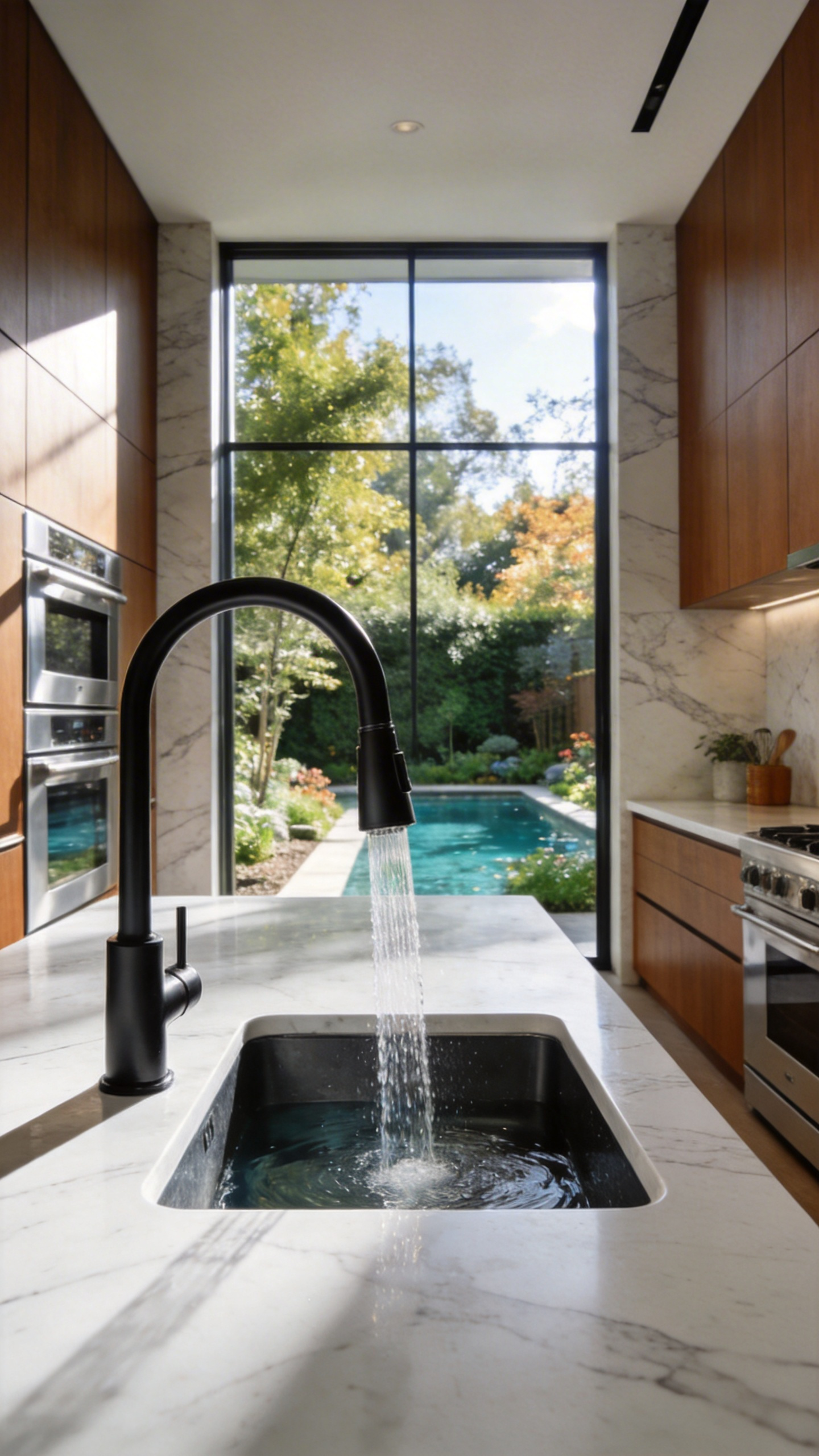 A modern luxury kitchen with a designer filtration tap, marble countertops, and a view of a green garden through a large window.