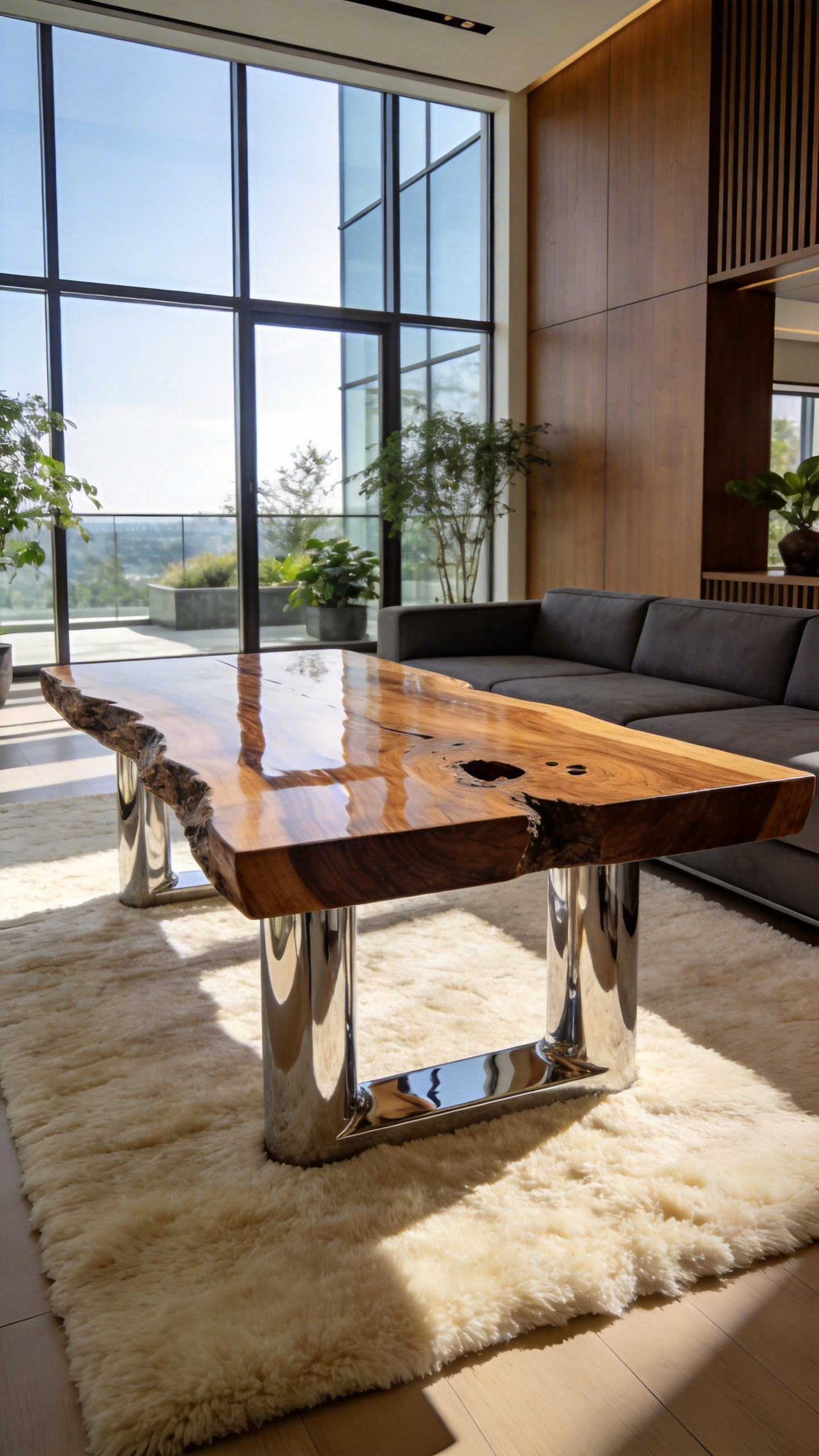 A modern coffee table with reflective chrome legs and a textured raw wood surface in a sunlit contemporary living room.